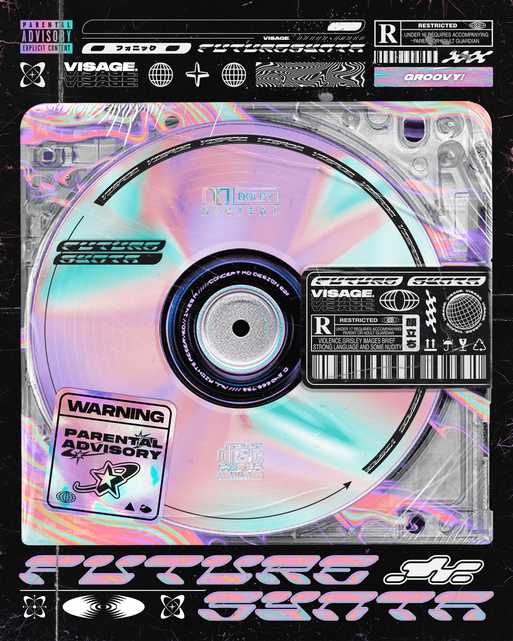 A holographic compact disc with QR codes, warning labels, and futuristic graphic design elements.