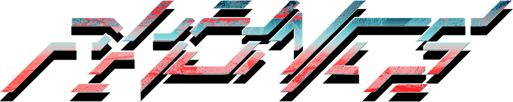 Futuristic word text with a color gradient from red to blue and a layered, angular design.