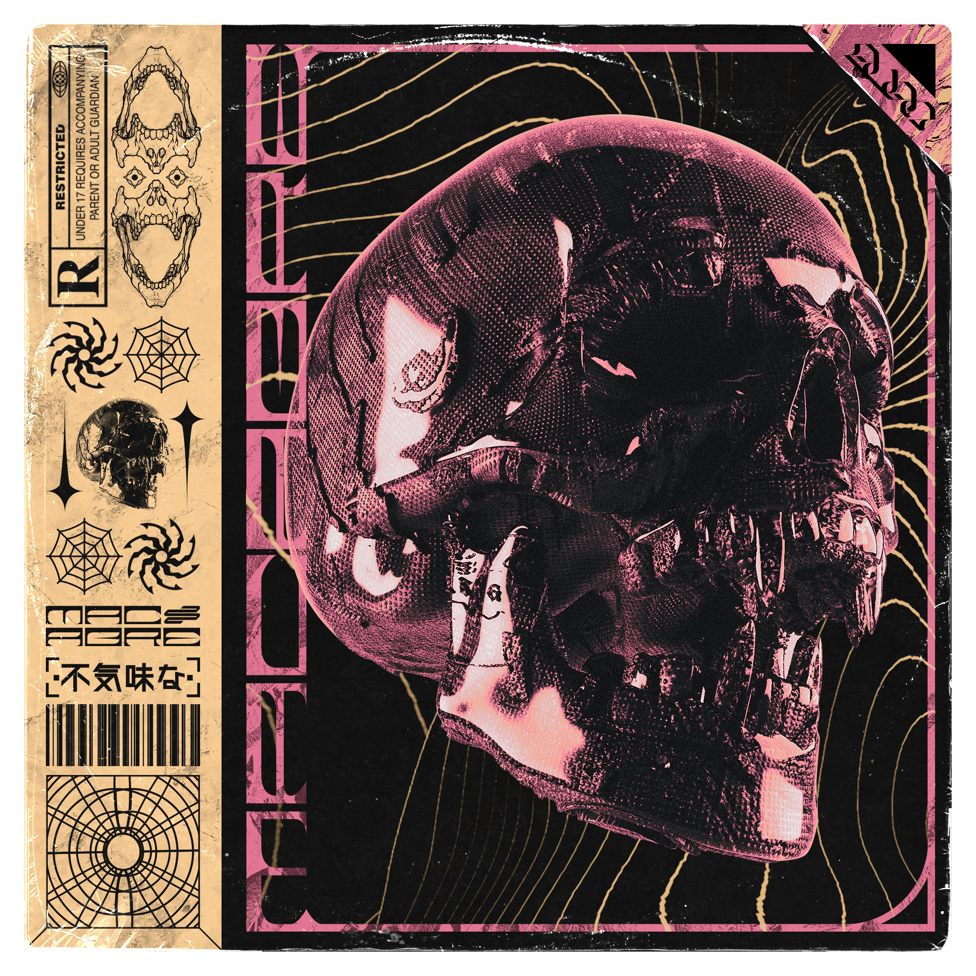 A graphic design featuring a pink and black skull with a reflective surface, set against a dark background with gold line patterns. The design includes various horror-themed icons such as spiderwebs, spiders, and skulls, as well as text and symbols, with a vintage worn look.