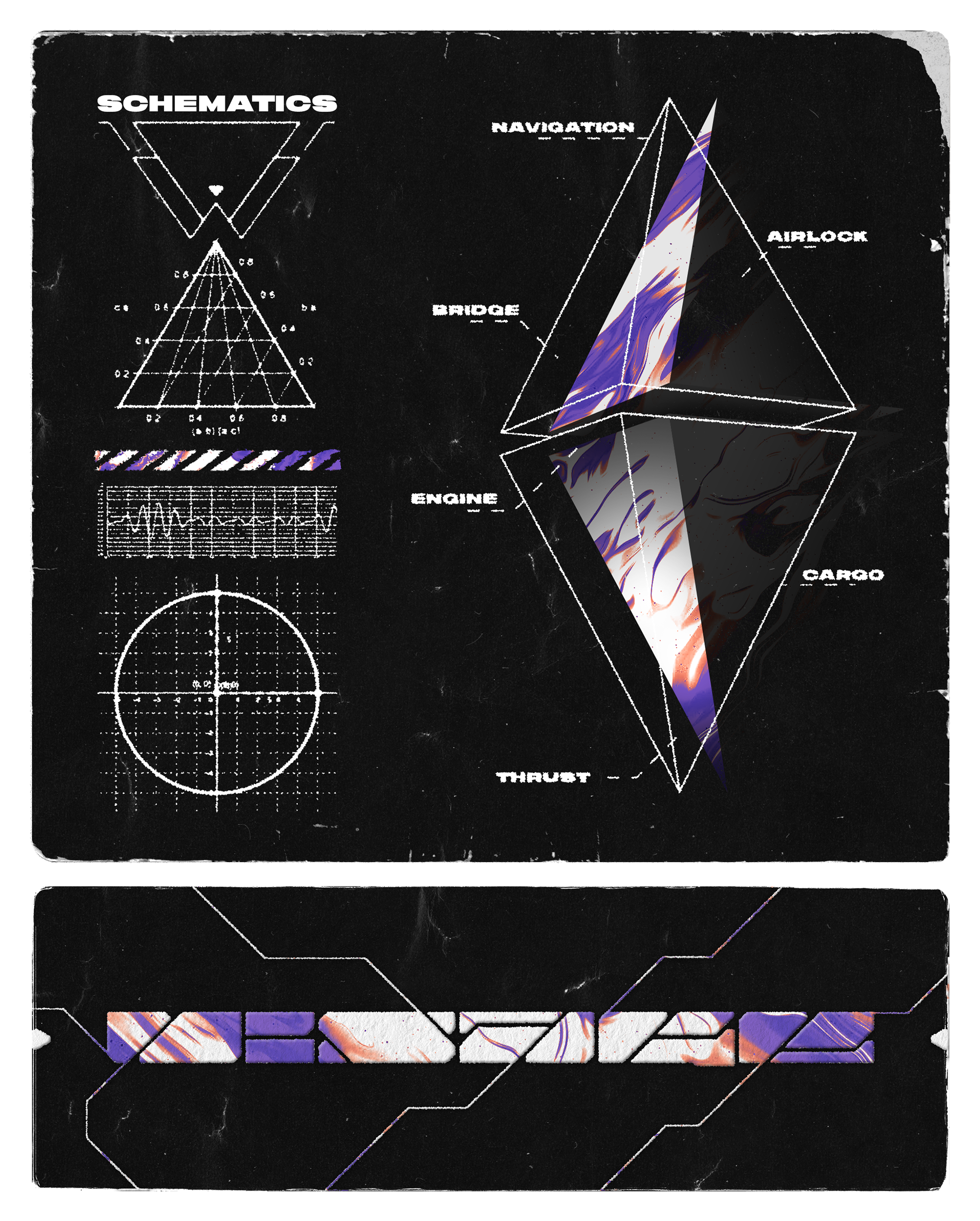 A chalkboard with diagrams, schematics, and labels of an aircraft's internal components and structure, along with abstract designs and patterns.