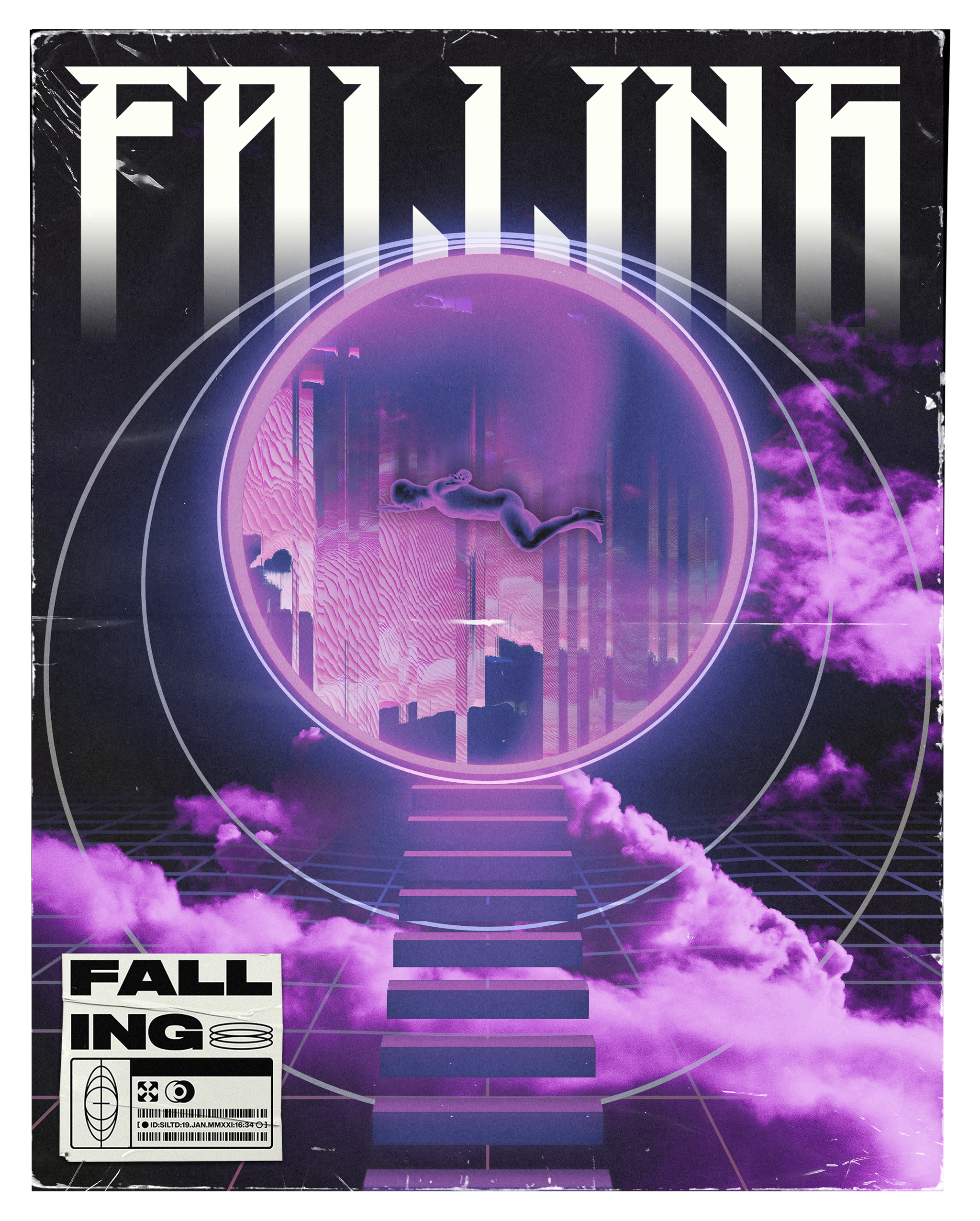 A futuristic digital art poster with the word 'FALLING' at the top, showing a woman falling through a neon-lit, sci-fi cityscape in purple and pink hues, with clouds and a glowing circular portal.