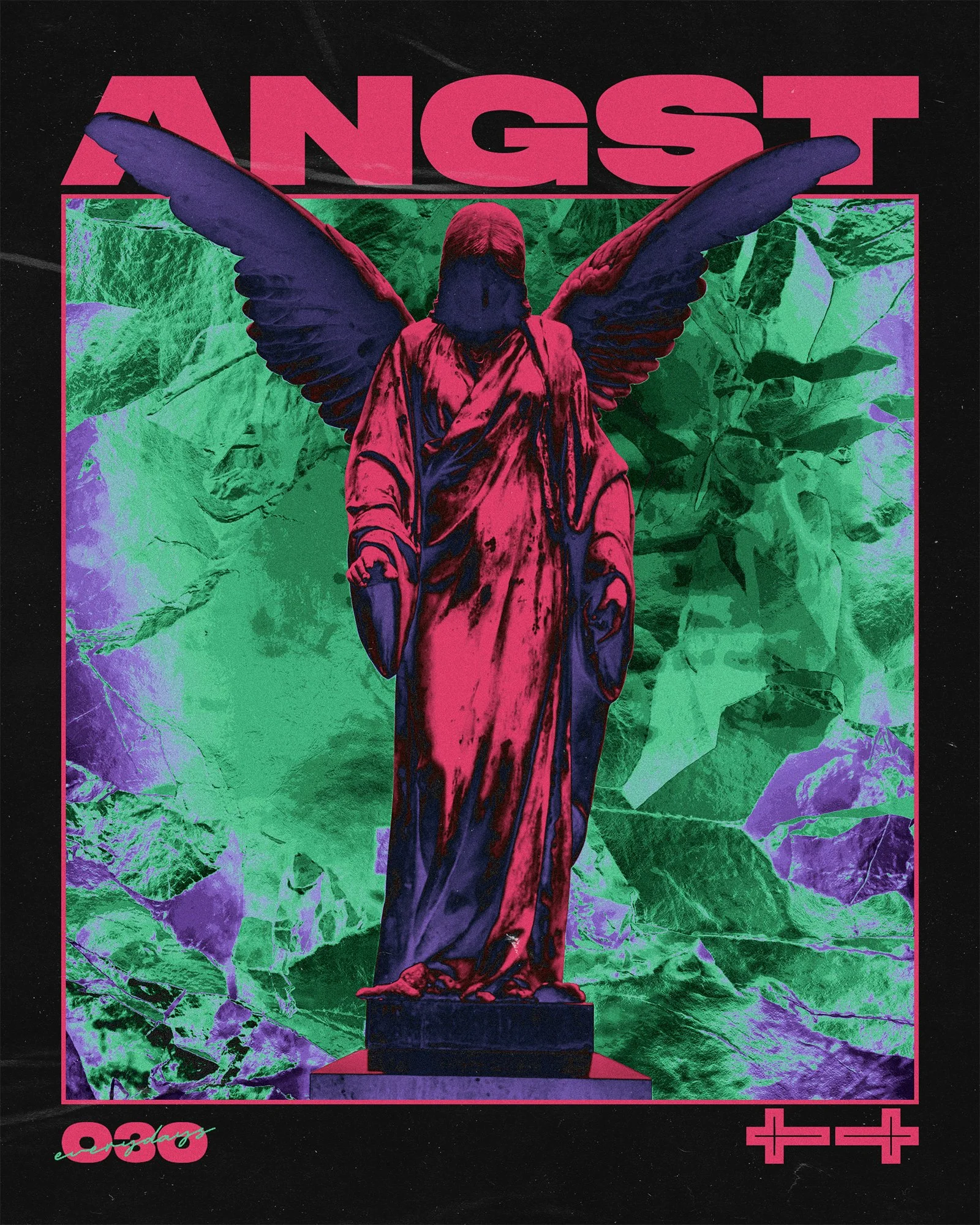 A stylized digital artwork of a statue with angel wings, colored in vibrant pink and purple tones, set against a textured green and purple background. The top features the word 'ANGST' in bold pink letters, with additional pink and purple design elements at the bottom.