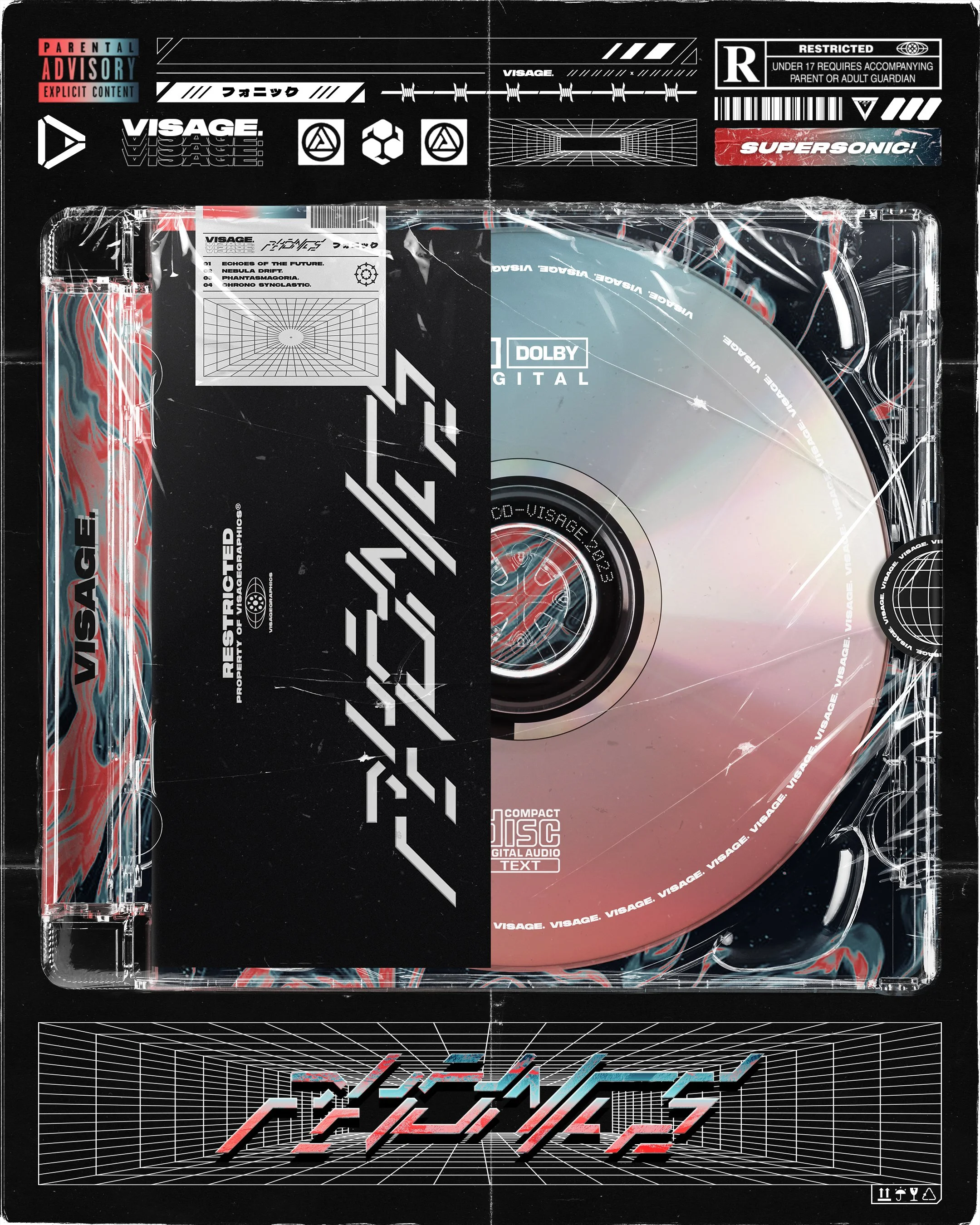 Digital CD case with a holographic disc inside, featuring a sci-fi and futuristic design with grid lines, geometric shapes, and text such as "VISAGE" and "DOLBY DIGITAL." The cover includes various labels and warnings, with a color scheme of black, red, white, and holographic effects.
