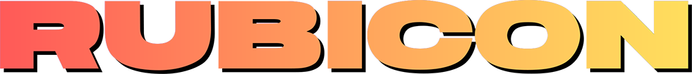 Colorful text spelling 'RUBICON' with a gradient background.