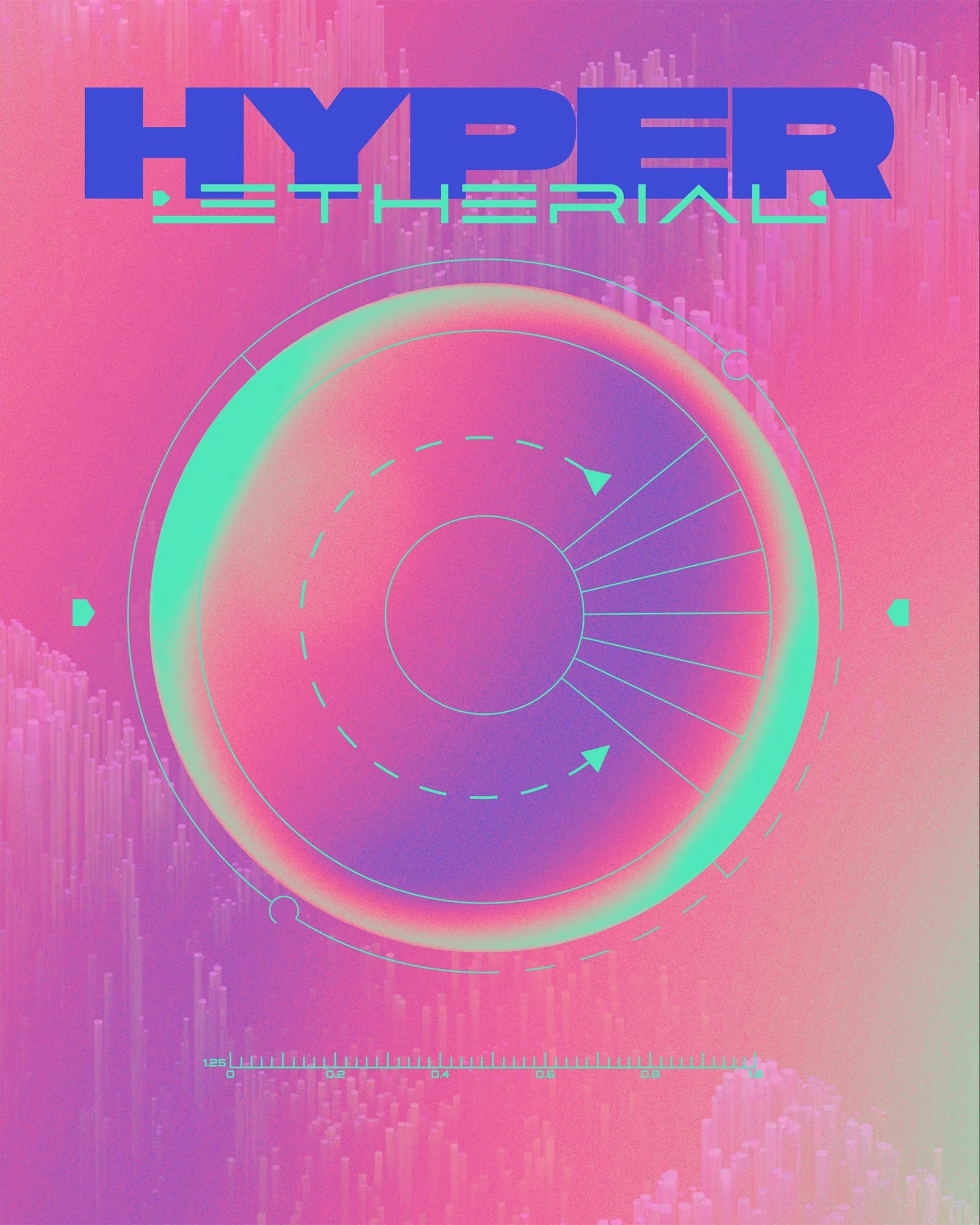 Futuristic digital illustration with the words 'HYPER' in large blue letters and 'HEATHER' beneath in green, set against a pink and purple gradient background with geometric elements and a circular radial design in the center.
