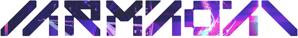 Stylized text with a cosmic, neon purple and pink background.