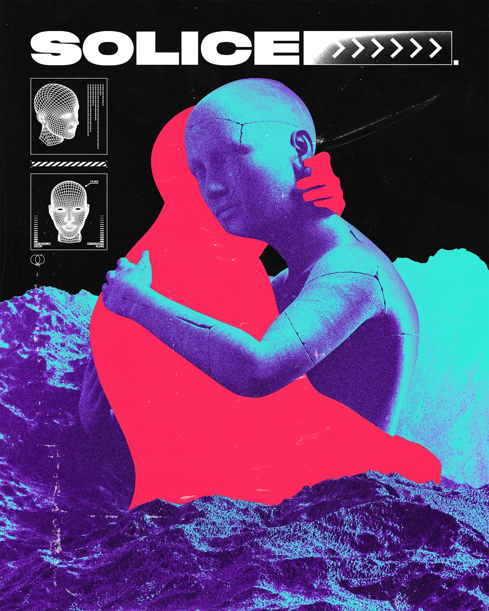 Futuristic artwork depicting two human-like figures embracing with a mountain landscape in the background. The figures have digital, robotic faces, with one in blue and the other in red, against a black background with the word "SOLICE" at the top.