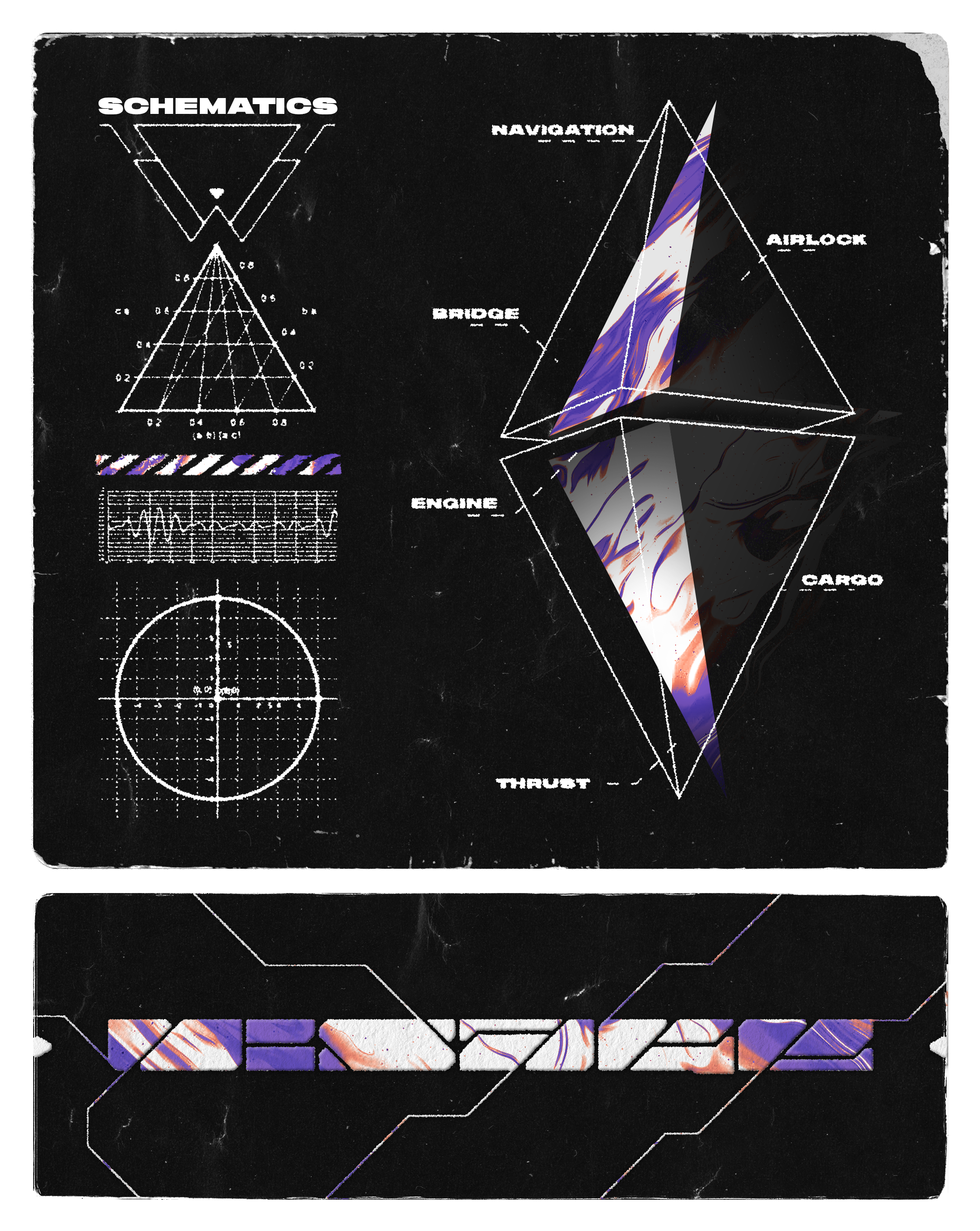 A schematic diagram of a spaceship with labeled parts including bridge, engine, cargo, and airlock. Additional technical drawings and data charts are displayed on a dark background.