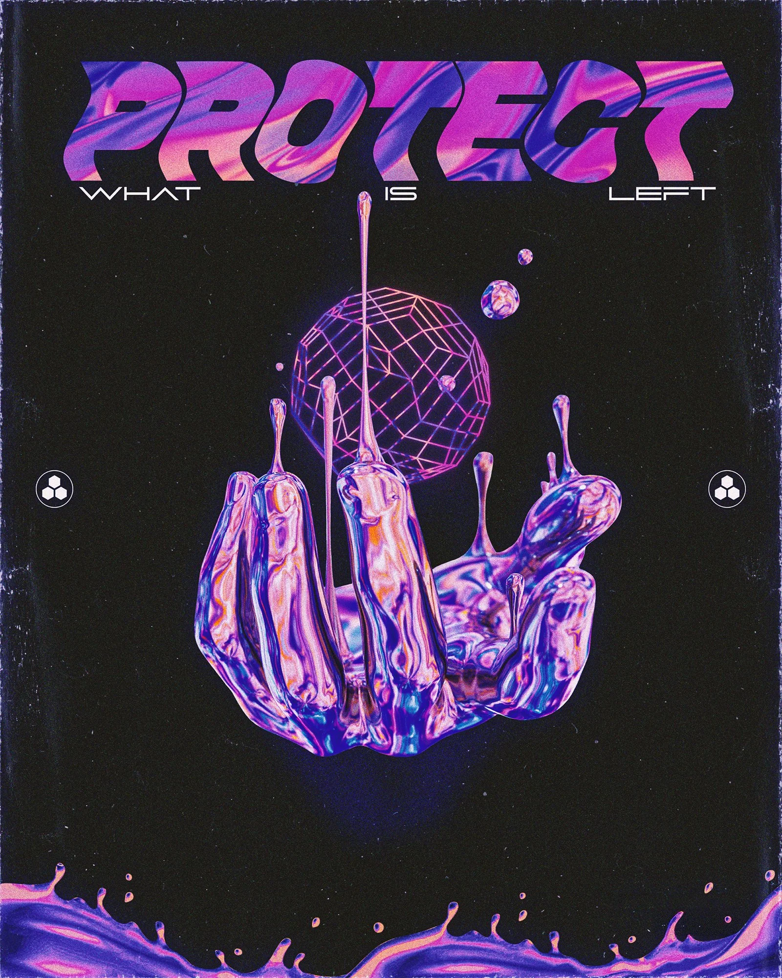 A digital illustration of a hand made of flowing, iridescent material reaching upward, with a geometric sphere and smaller planets in space background, and the word 'PROJECT' at the top in colorful, stylized text, with the phrase 'WHAT IS LEFT' underneath.