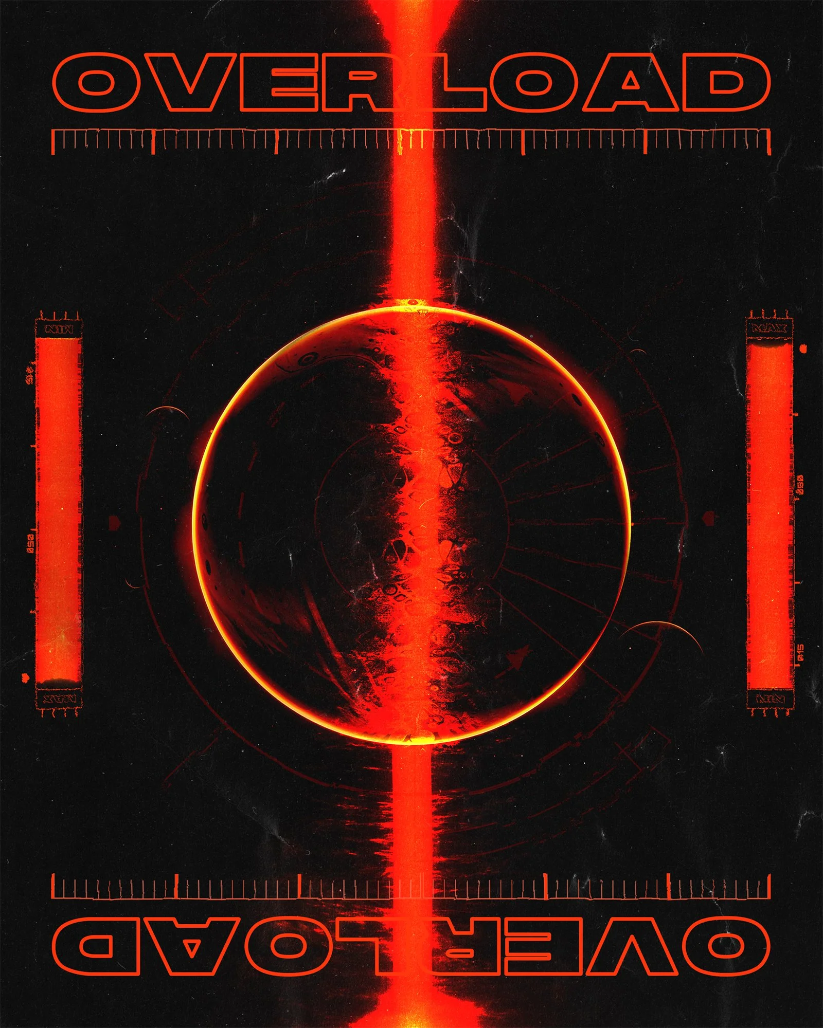Futuristic digital artwork displaying the word 'OVERLOAD' at the top and bottom, with a red glowing circle in the center emitting vertical energy or light, set against a black background with technical measurement markings and digital interfaces.