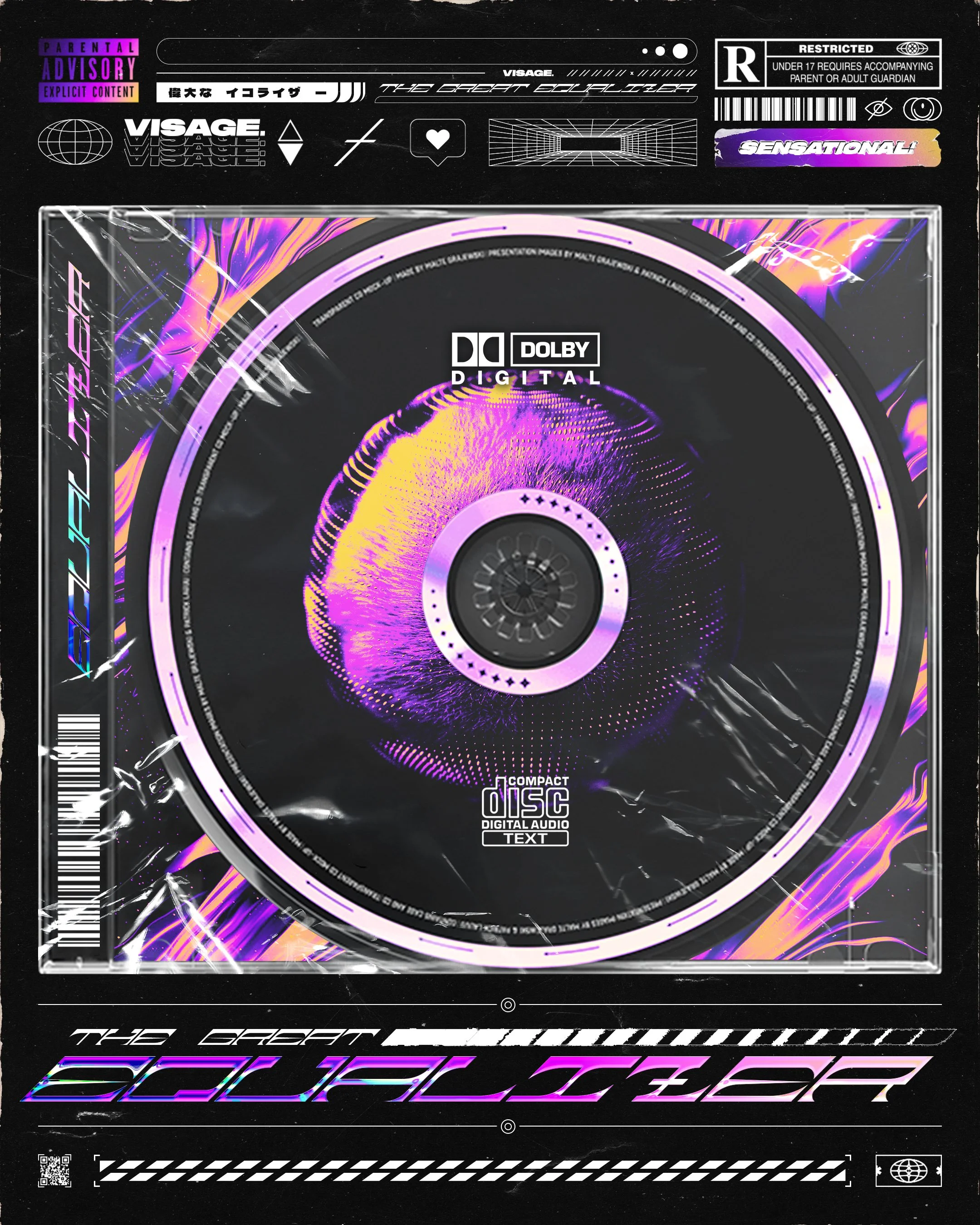 A digital artwork featuring a CD with a black background and vibrant purple, pink, and orange neon accents. The CD displays logos including "Dolby Digital", "Compact Disc Digital Audio Text", and others with various graphic elements like grids, geometric shapes, and lightning effects. The overall style has a futuristic, cyberpunk aesthetic with numerous labels and markings around the CD.