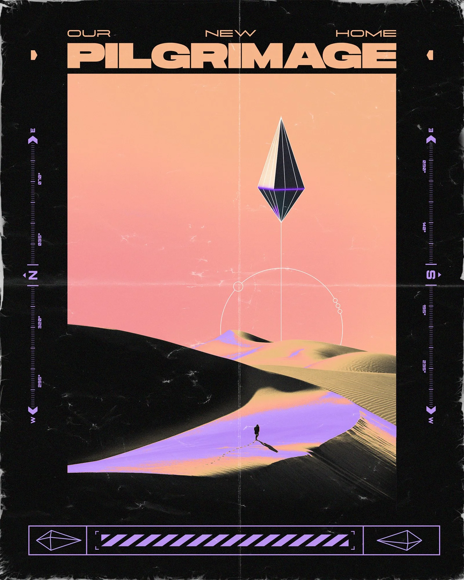 A digital artwork featuring a desert landscape with sand dunes, a lone person standing on the sand, and geometric celestial elements including a floating diamond-shaped object and a circular orbit. The sky is a gradient of pink and peach, with a large black rectangle border and digital interface elements around the edges, and the words 'Our New Home Pilgrimage' at the top.
