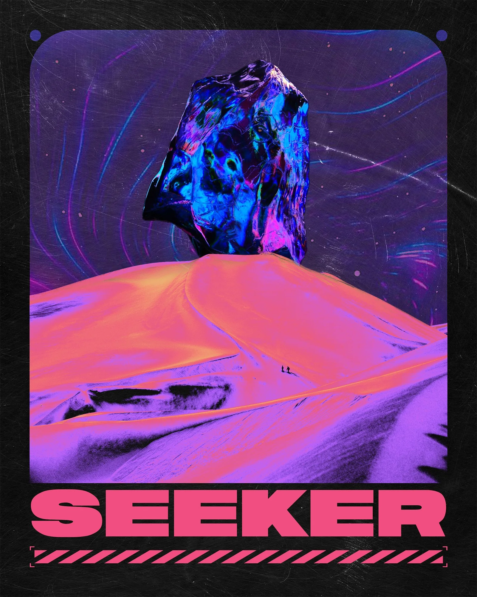 A surreal digital artwork featuring a large, luminous, blue and purple gemstone on top of a desert landscape with sand dunes. The background includes a starry night sky with colorful streaks of light and swirling patterns. The word "SEEKER" is written in bold pink letters at the bottom of the image.