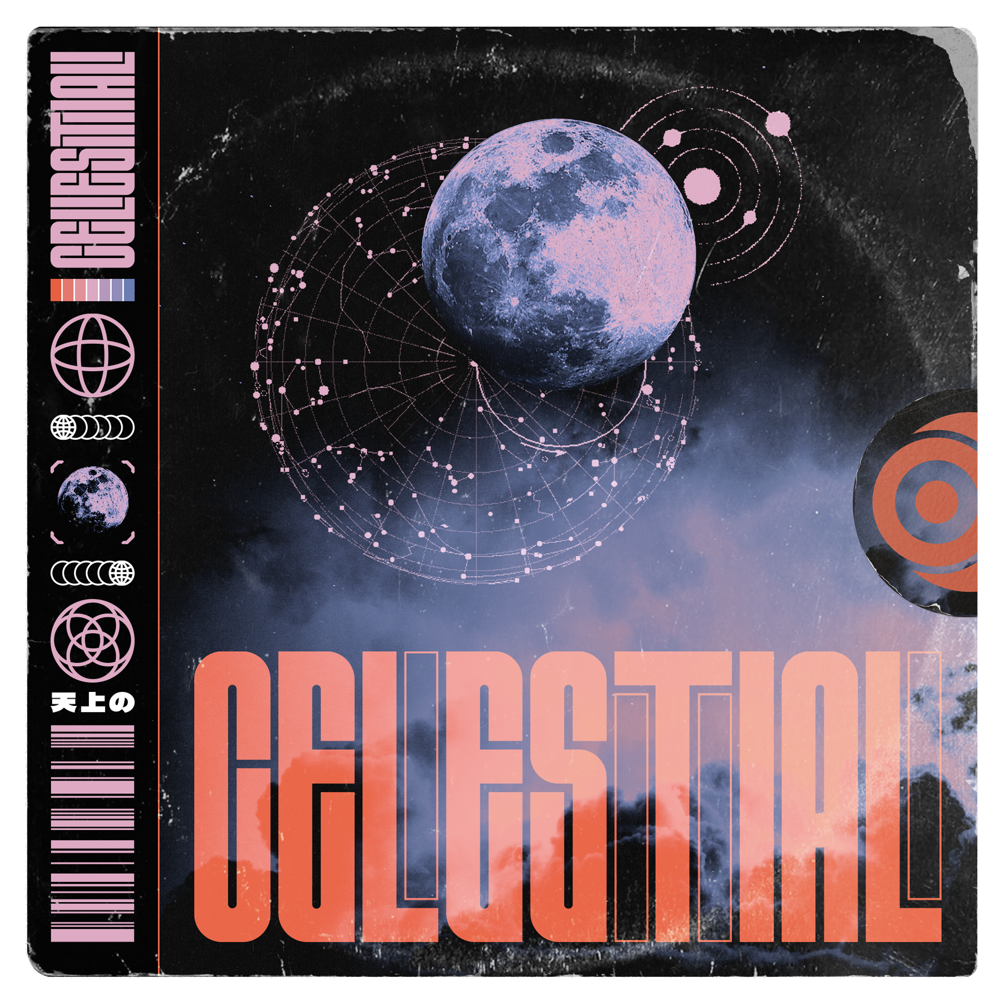 CD cover titled "CELESTIAL" with a space theme, featuring an image of the moon and planetary orbits on a starry background, along with Japanese characters and various symbols.