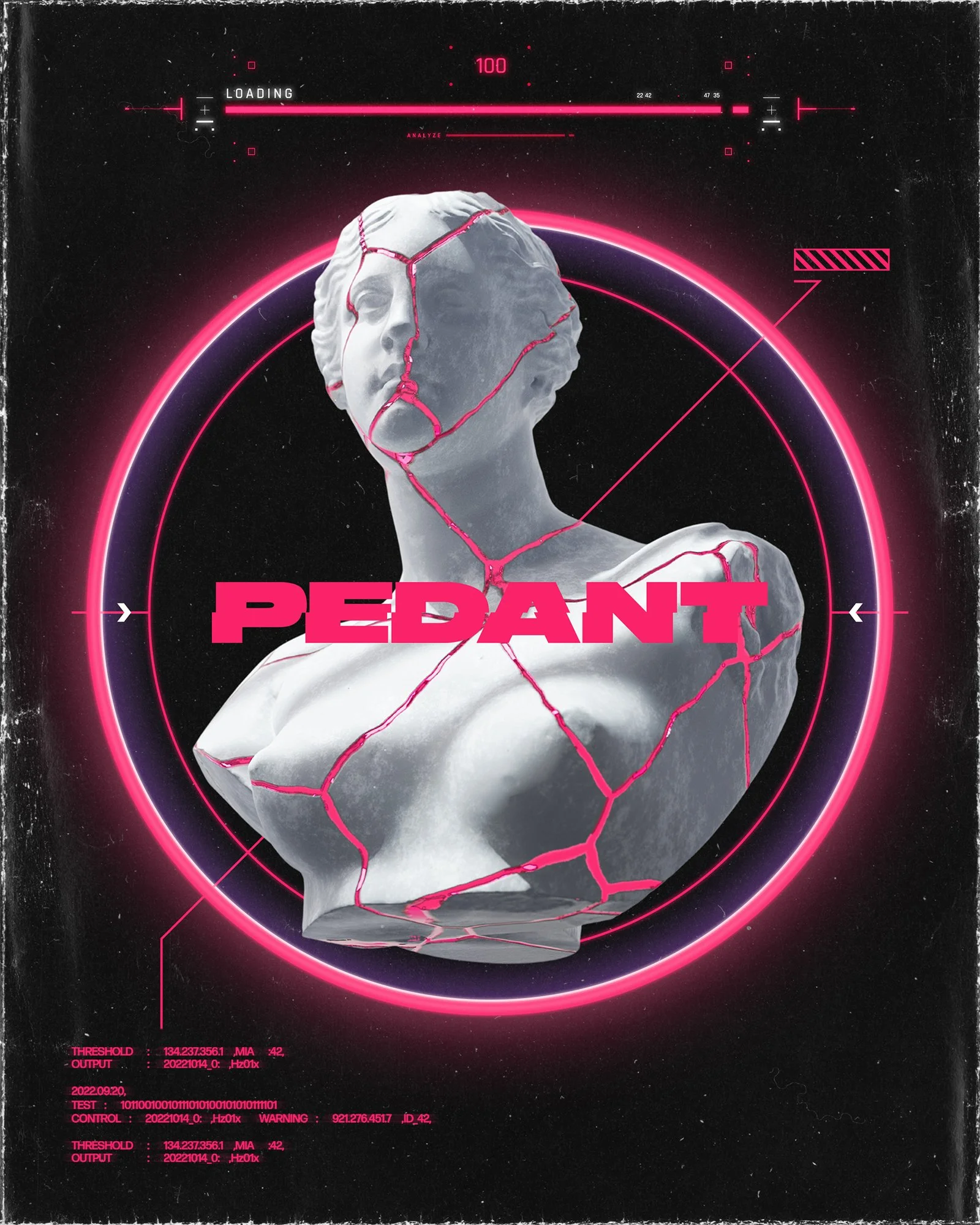 A digital, cyberpunk-style artwork of a white marble bust of a classical sculpture with pink cracks running through it, surrounded by neon pink and purple circular outlines, with the word 'PEDANT' in bold pink letters across the front.