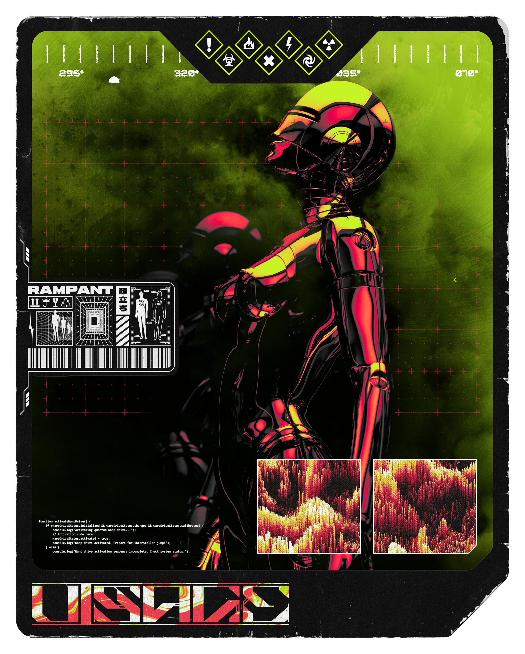 Futuristic robot with human-like features in a green digital environment with warning symbols, technical data, and digital maps.