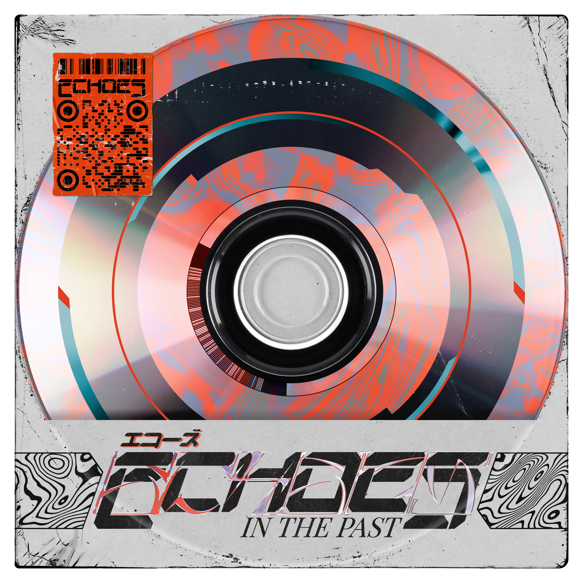 Close-up of a stylized, futuristic CD with holographic and digital design elements, including a QR code and Japanese characters, with the phrase "IN THE PAST" written below.