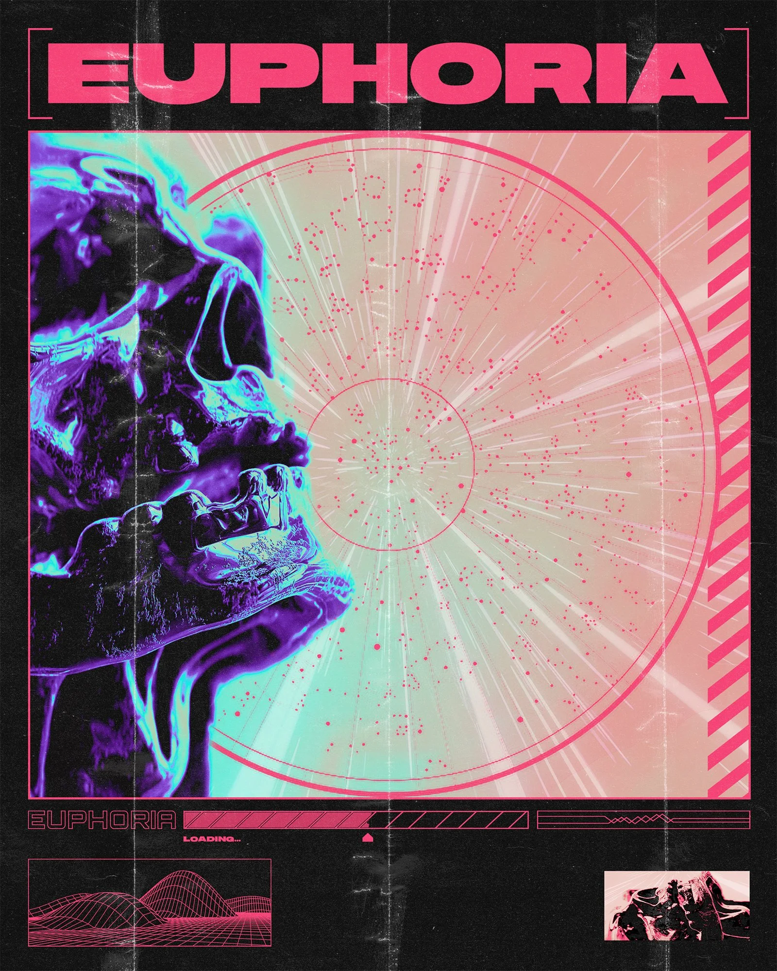 A neon-colored digital art poster with a dark background, featuring a side profile of a stylized skull in purple and blue hues on the left. The word 'EUPHORIA' is displayed at the top in bold pink letters, with graphical elements like circles, radial lines, and dotted patterns emanating from the center. Smaller elements include a loading bar with the text 'LOADING...' and a wireframe mountain graphic at the bottom left. There is also a small black and pink picture of a person on the bottom right.