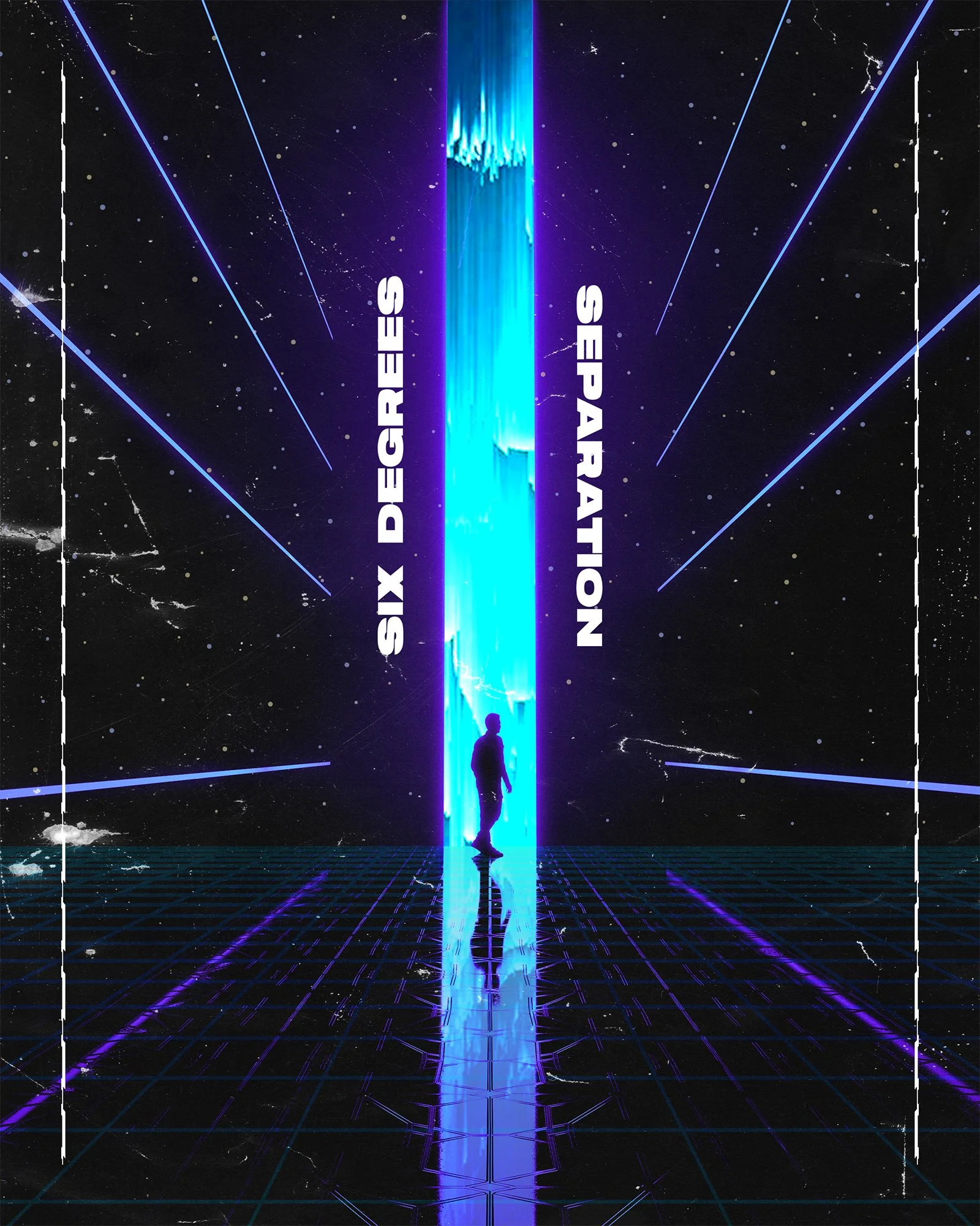 A person walking toward a glowing blue portal in a futuristic, sci-fi environment with digital grid flooring and cosmic background, with the words 'Six Degrees Separation' and 'Separation' written on the portal.