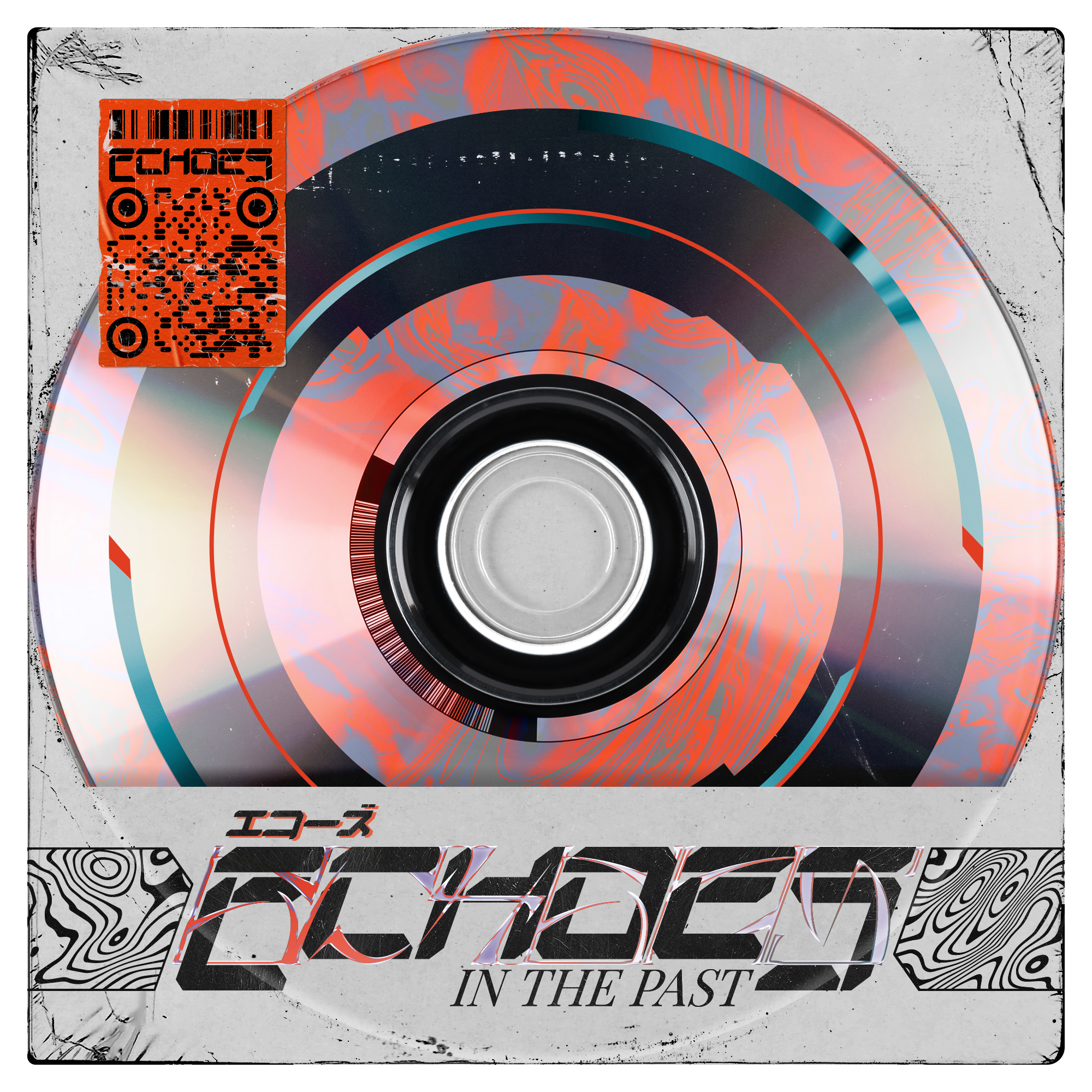 A colorful CD with abstract patterns and a red QR code label on an aged white background with scratches and black edges. Text in Japanese and English on the cover includes "Echoes In the Past".