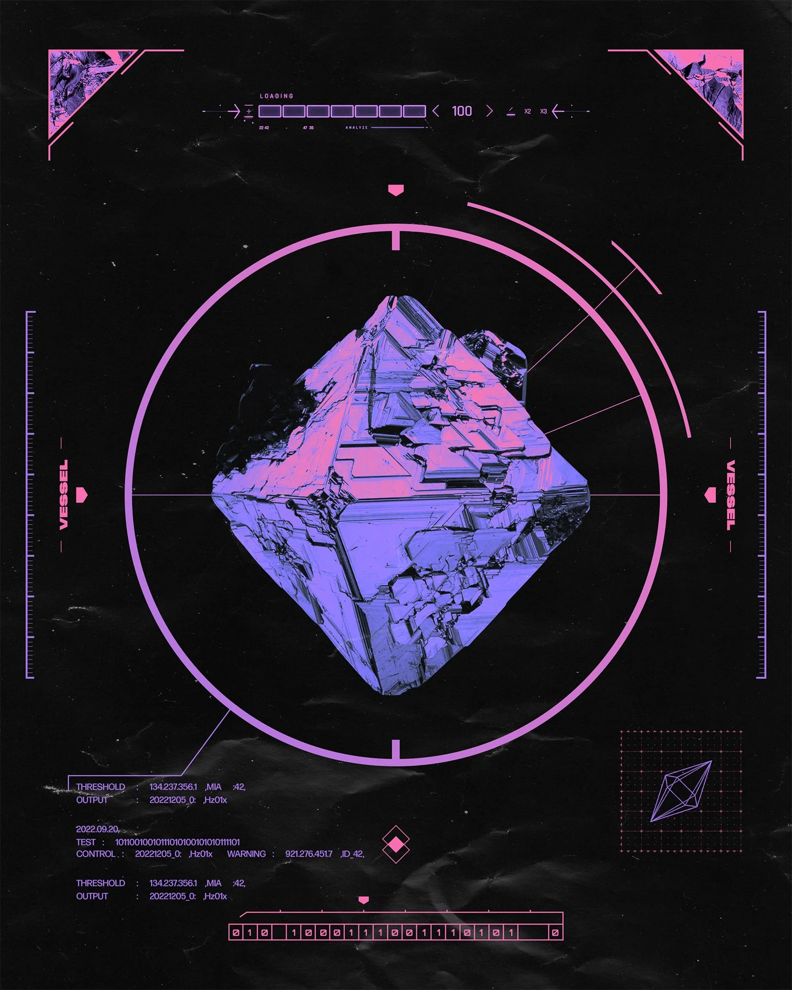 Futuristic digital display showing a 3D geometric structure in the center, with various data points, graphs, and loading bar elements in pink and purple colors on a black background, resembling space or sci-fi interface.