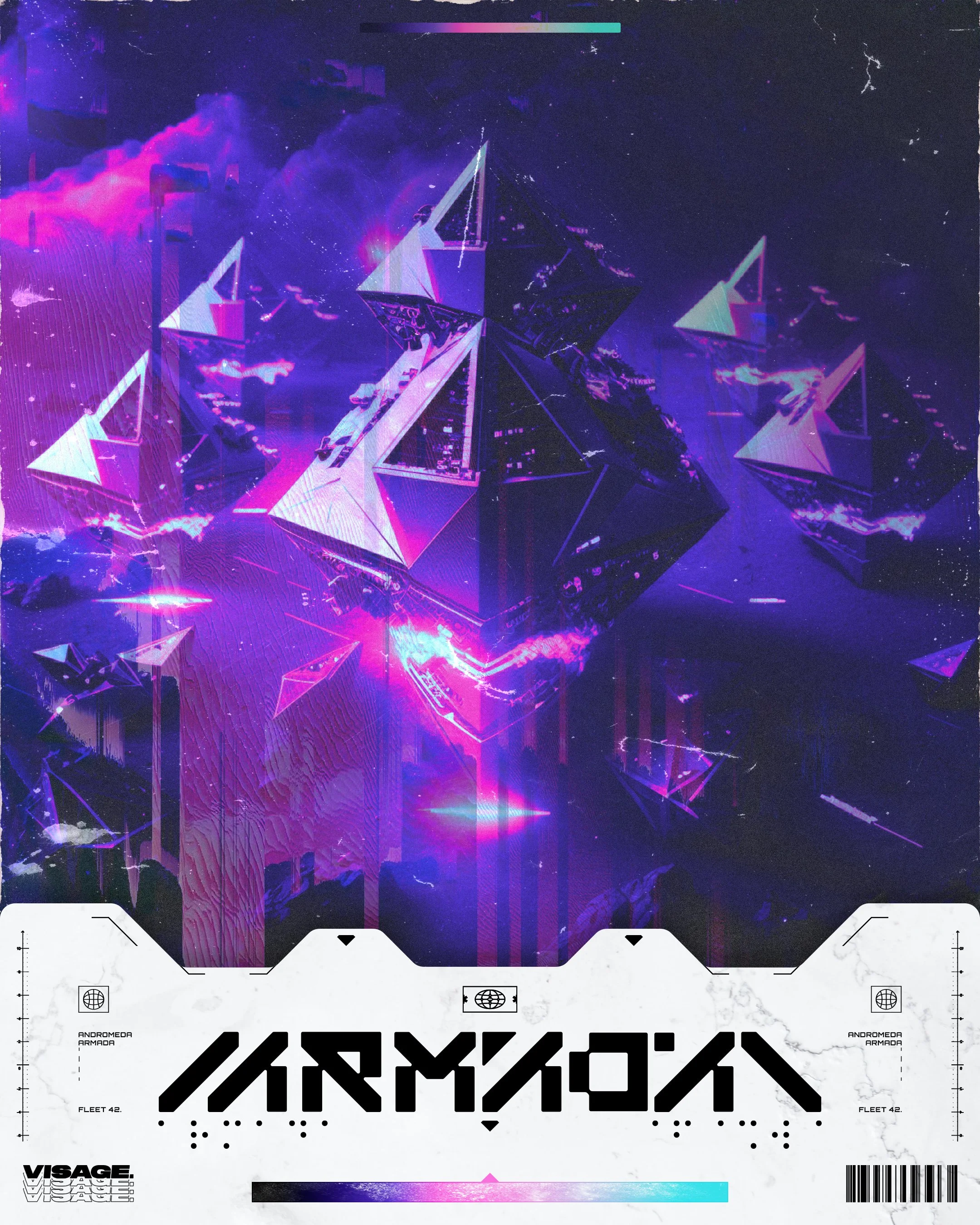 Futuristic digital artwork featuring glowing geometric pyramids in purple and pink hues against a dark background, with a white label at the bottom that reads 'ARMADA' and other sci-fi style text.