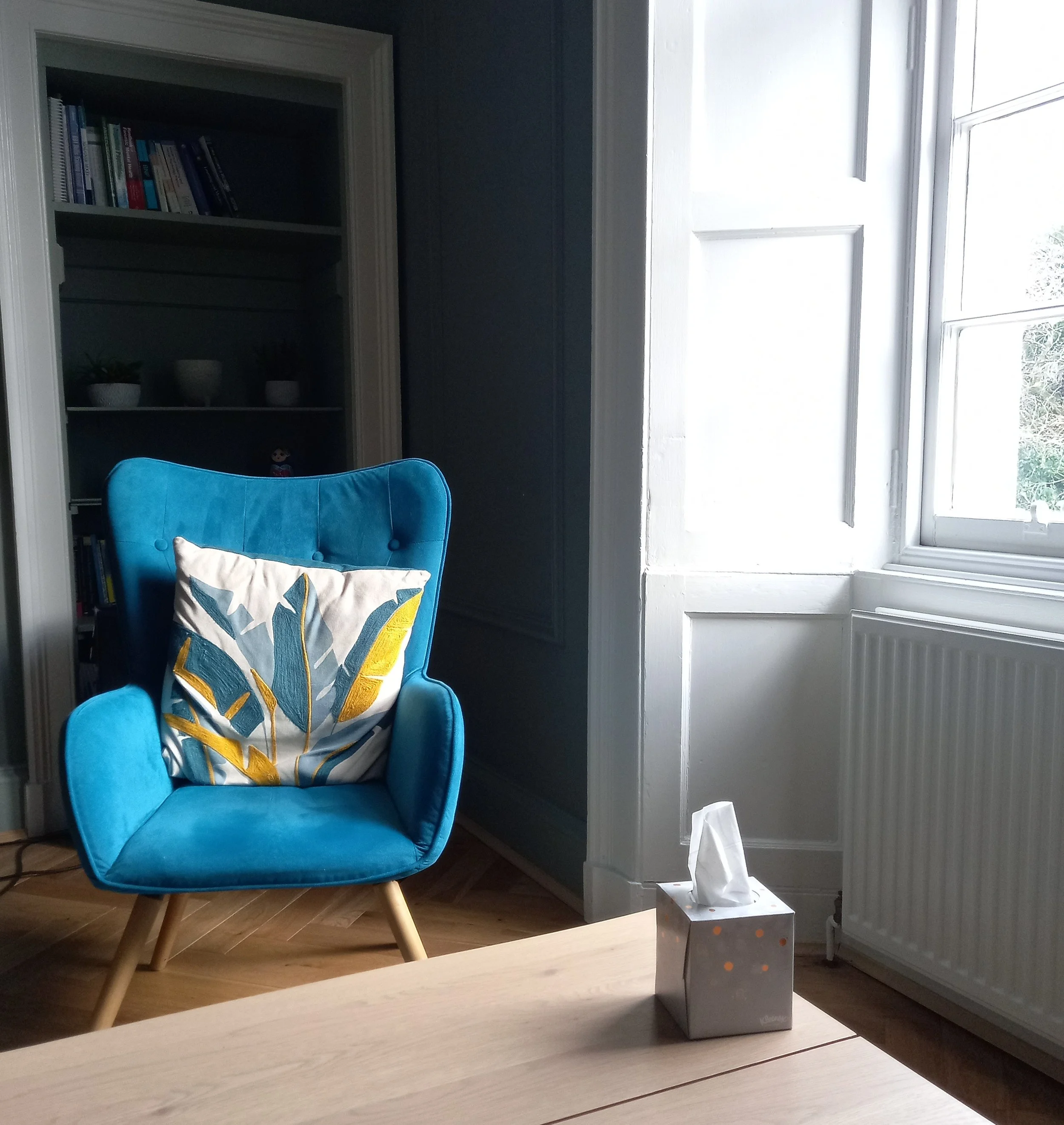 A teal upholstered armchair with wooden legs, a white pillow with a colorful geometric pattern, a wooden coffee table, a tissue box, a black bookshelf with books and small plants, a white wood panelled wall with a window, and a white radiator.
