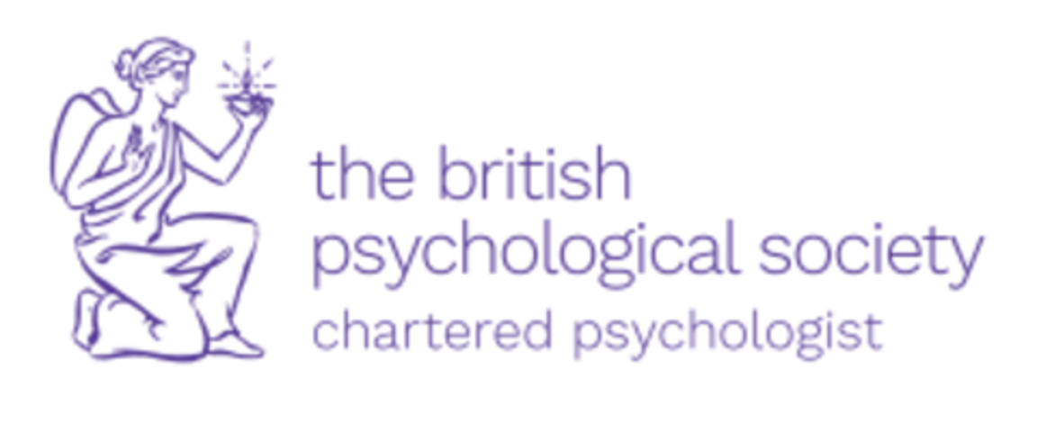 Illustration of a kneeling person holding a shining object, with text "the british psychological society chartered psychologist" in purple.