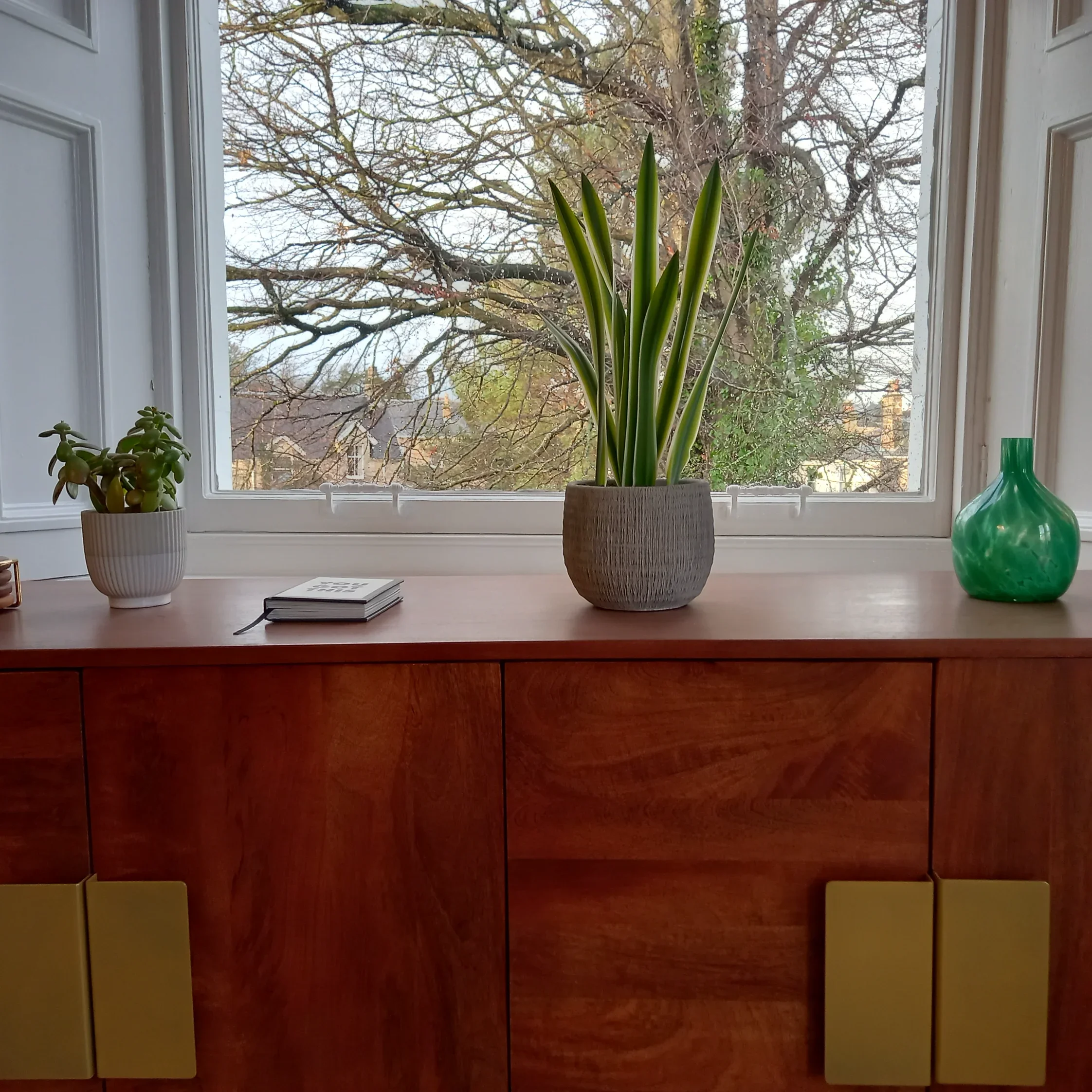 Decorative wooden sideboard with green potted plants and notebooks, located by a window showing tree branches outside.