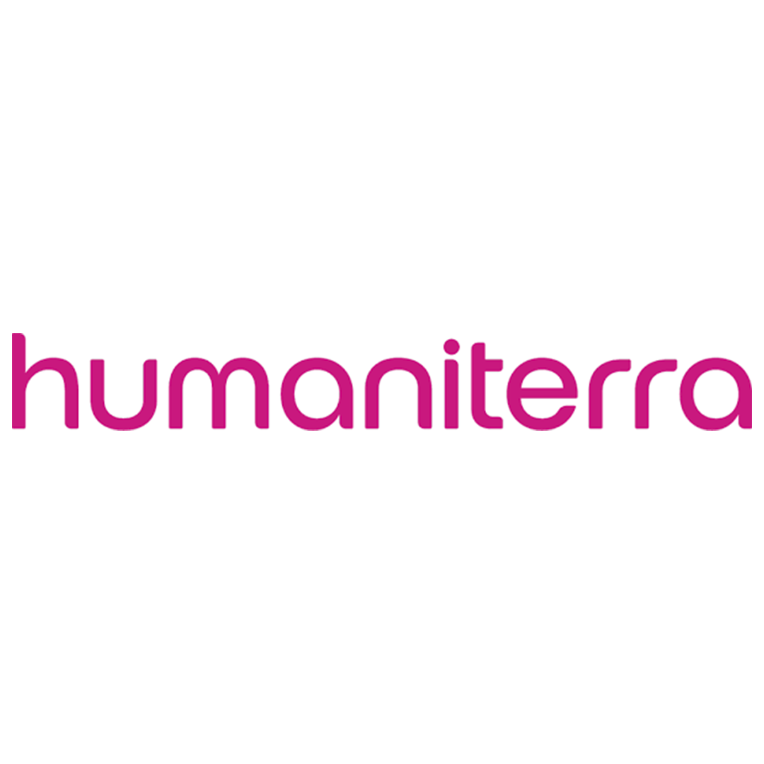 Logo with the word 'humaniterra' in pink lowercase letters on a white background.