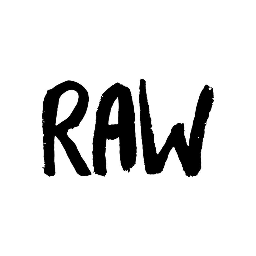 Black handwritten text spelling 'RAW' on a white background.