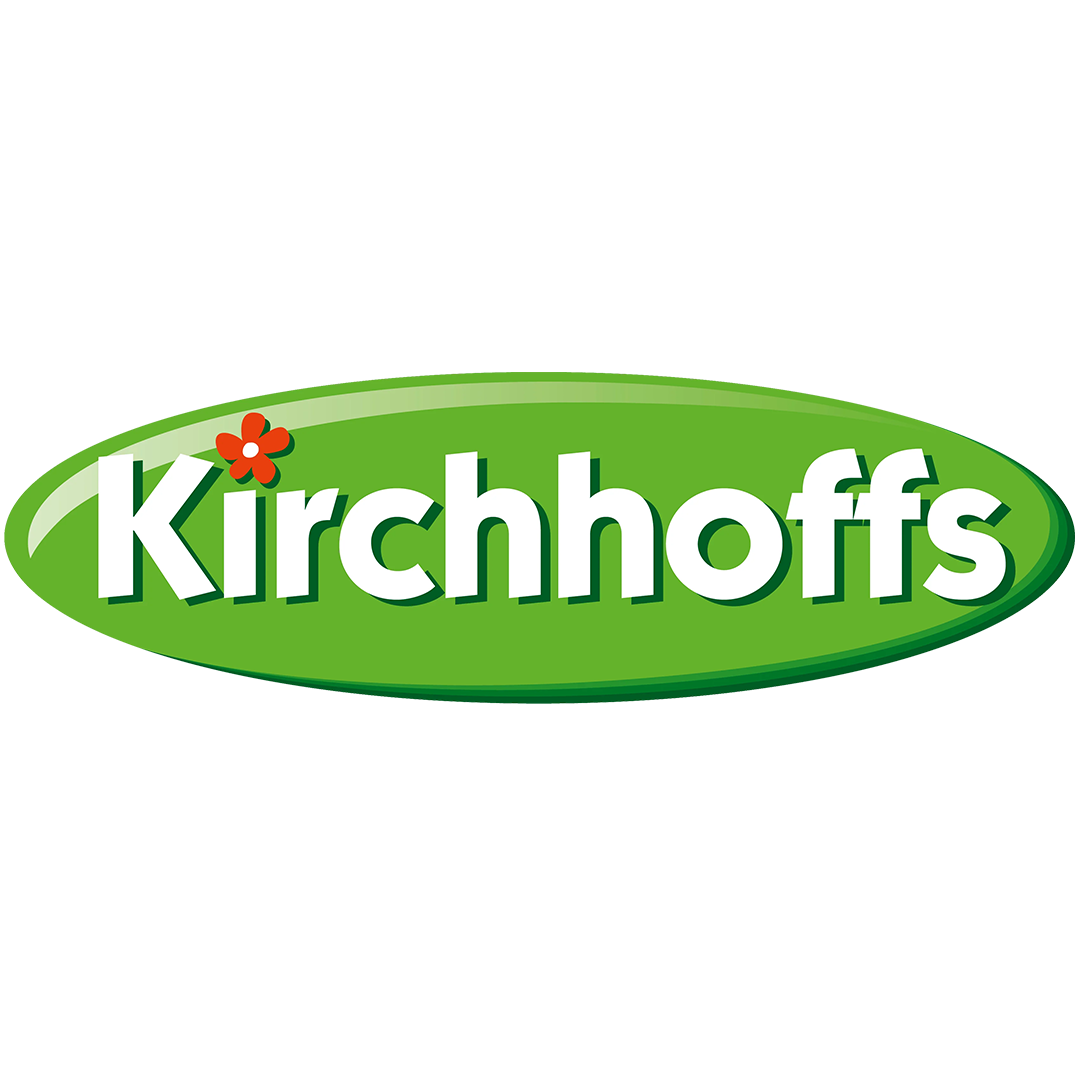 Kirchhoffs logo with green oval background, white text, and a small red flower on the letter 'K'.