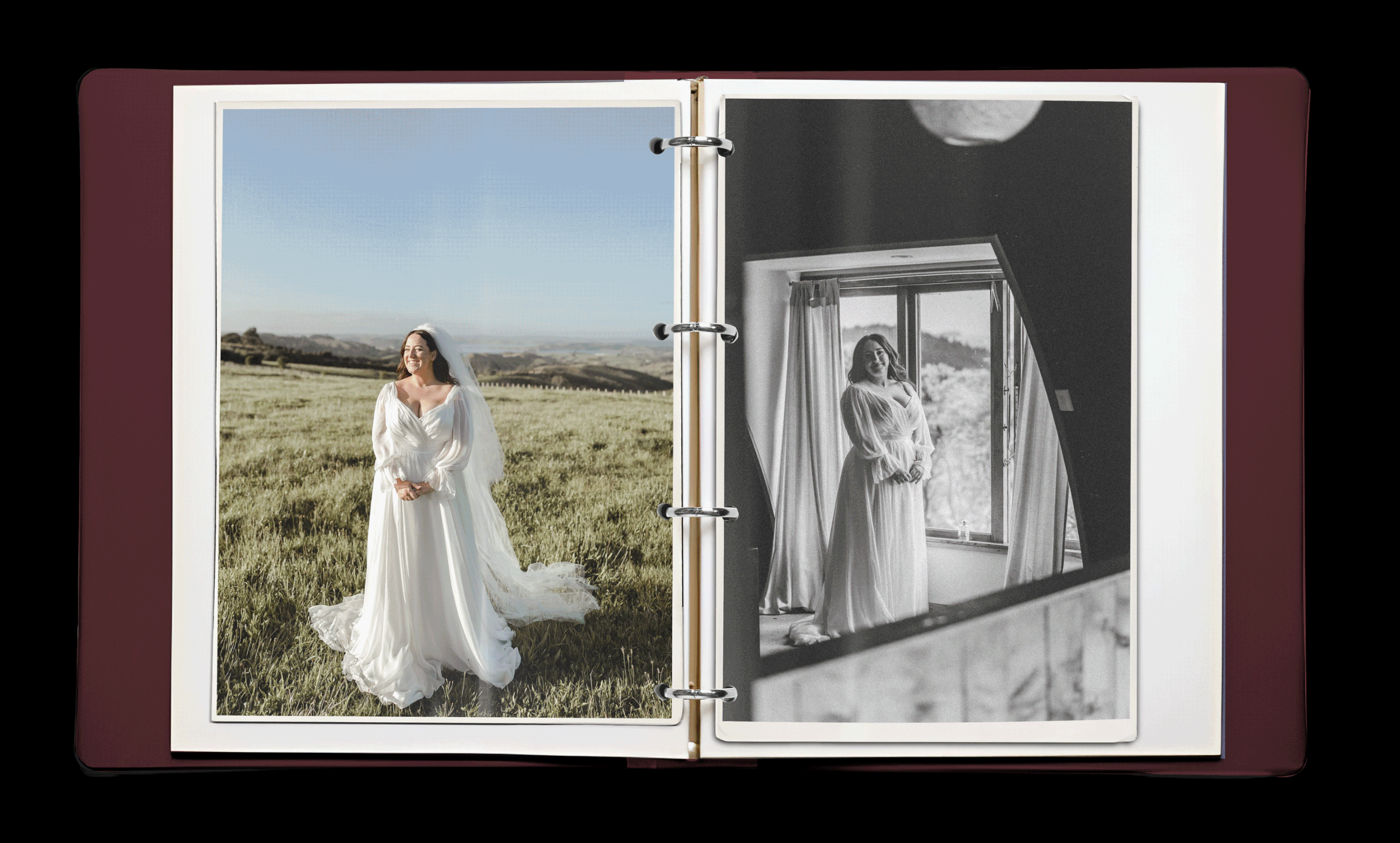 Open photo album with wedding photos of a bride in a white dress, one photo in color outside in a grassy field, the other black and white inside by a window.