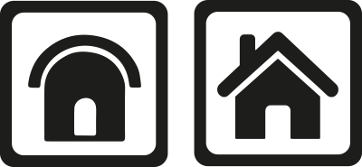 Simboli di sicurezza e di casa, uno con lucchetto aperto, l'altro con una casa.