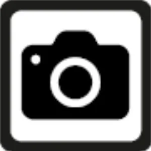 Icona di una fotocamera stilizzata su sfondo bianco e nero.