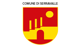 Emblema con scudo diviso in due parti, superiore rosso con cerchio giallo, inferiore giallo con porta stilizzata