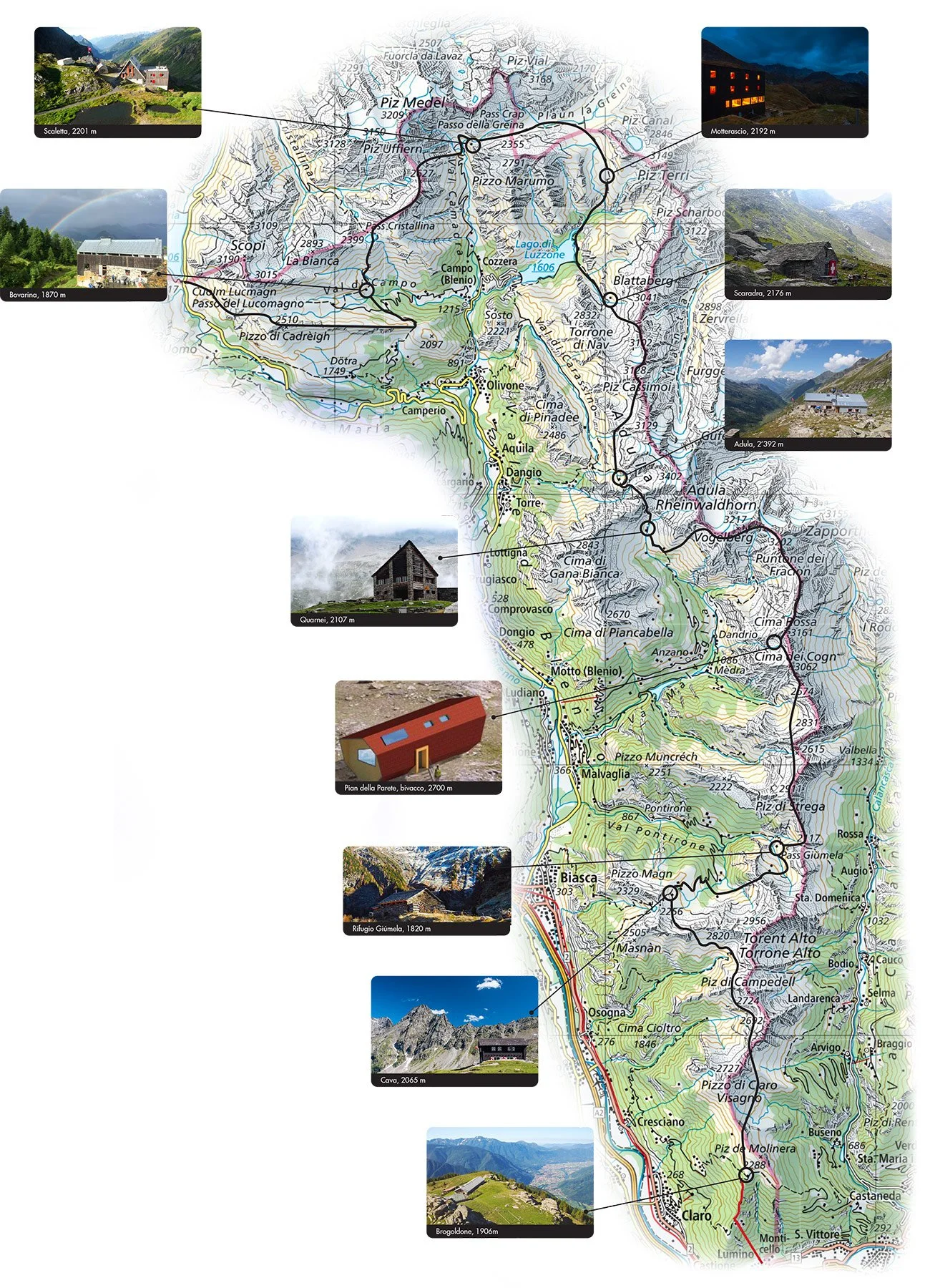 Carta topografica delle Alpi con punti di interesse e foto illustrative di rifugi, vette e paesaggi montani