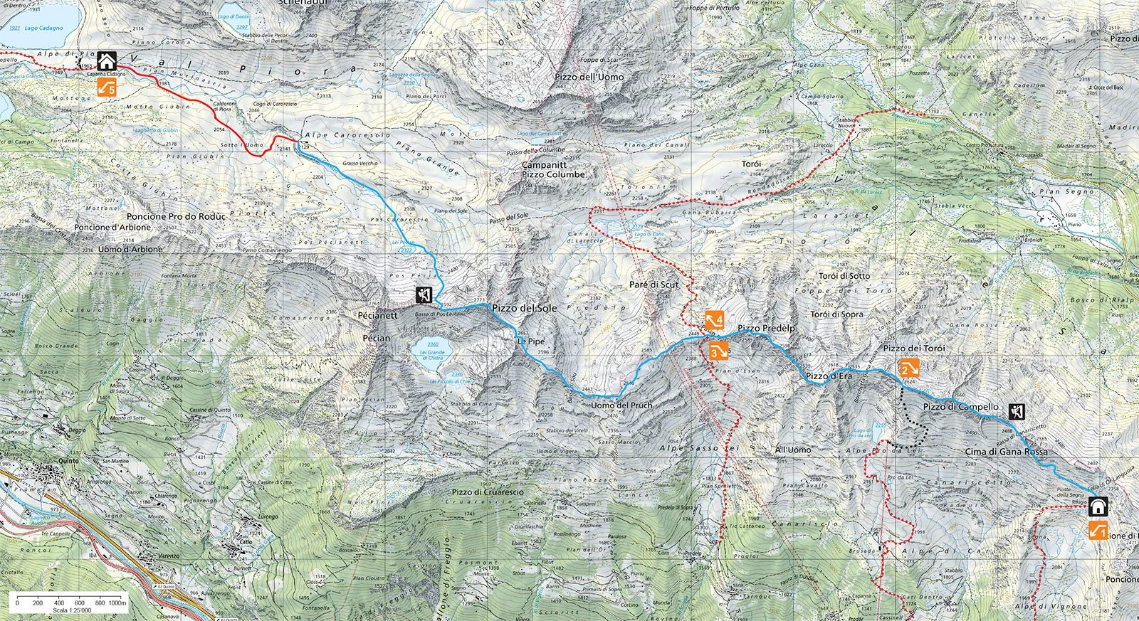 Mappa topografica della zona montuosa con percorsi escursionistici evidenziati, punti di interesse e simboli di ricompensa.