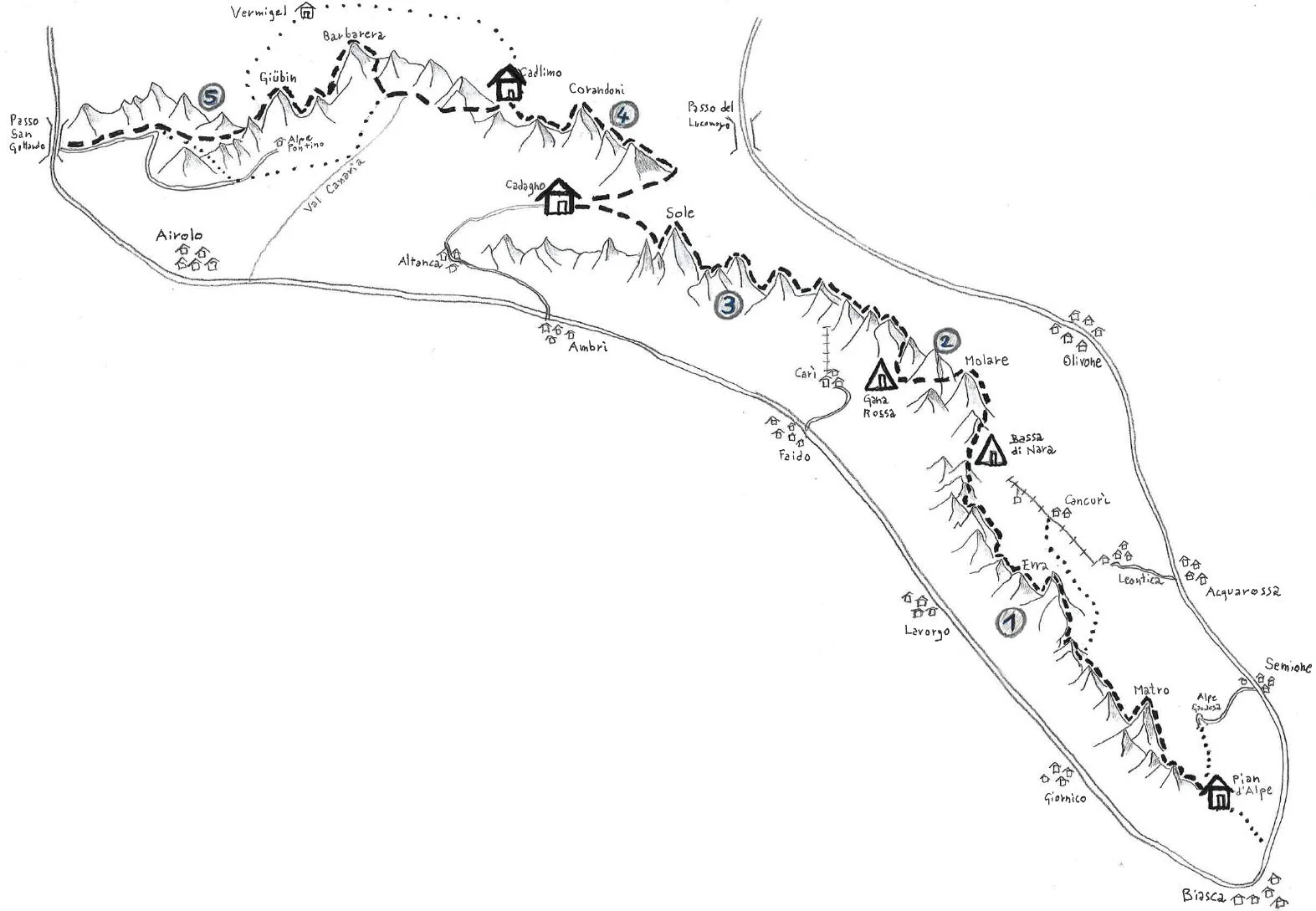 Carta delle escursioni in montagna con percorsi marcati numerati e punti di riferimento come rifugi, cime e villaggi. La mappa mostra tre percorsi principali con punti di partenza e di arrivo evidenziati.