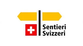 Segnaletica con frecce gialle e una croce svizzera rossa, con testo 'Sentieri Svizzeri'