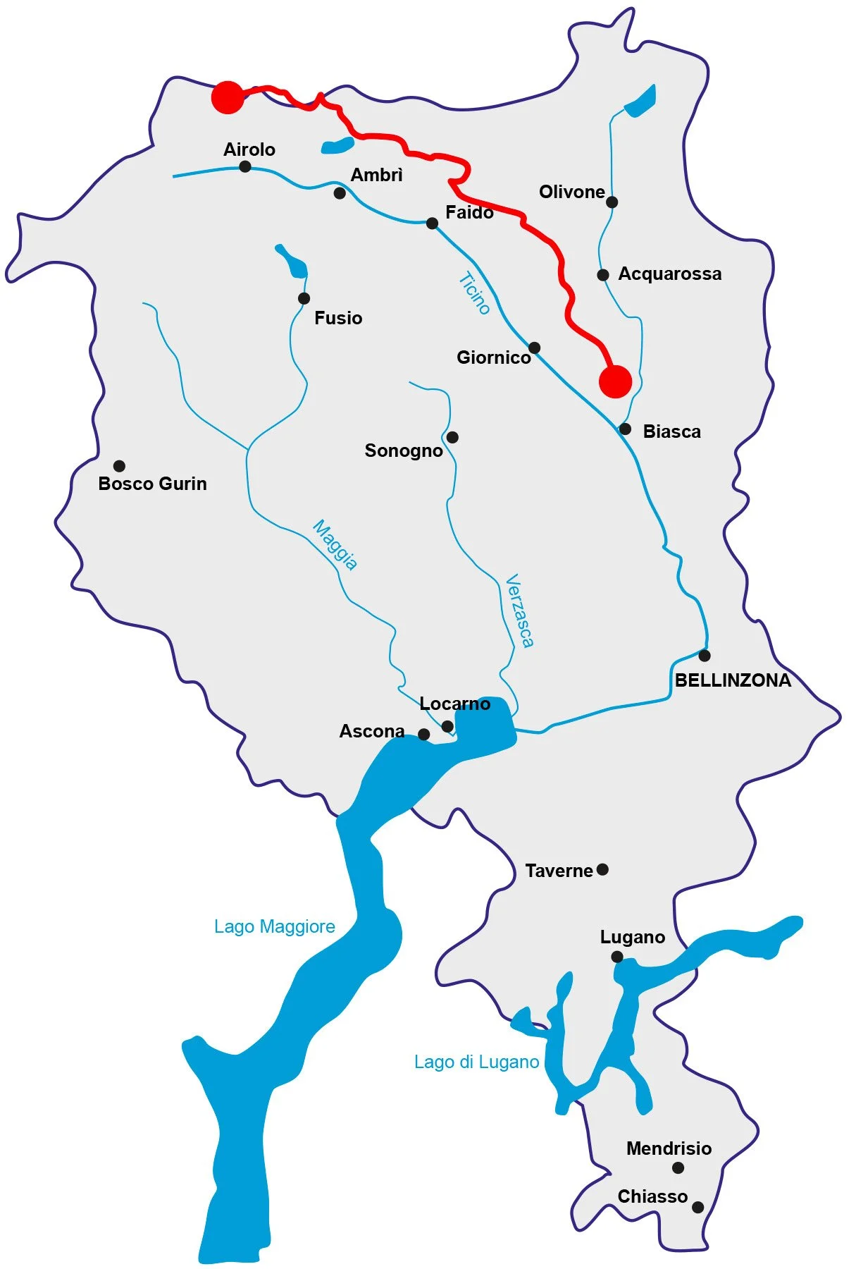 Carta geografica del Lago di Lugano con fiumi, laghi, città e paesini dell'area.