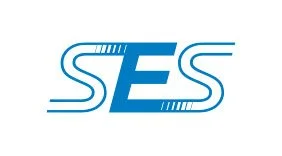 Logo di SES in blu con lettere stilizzate