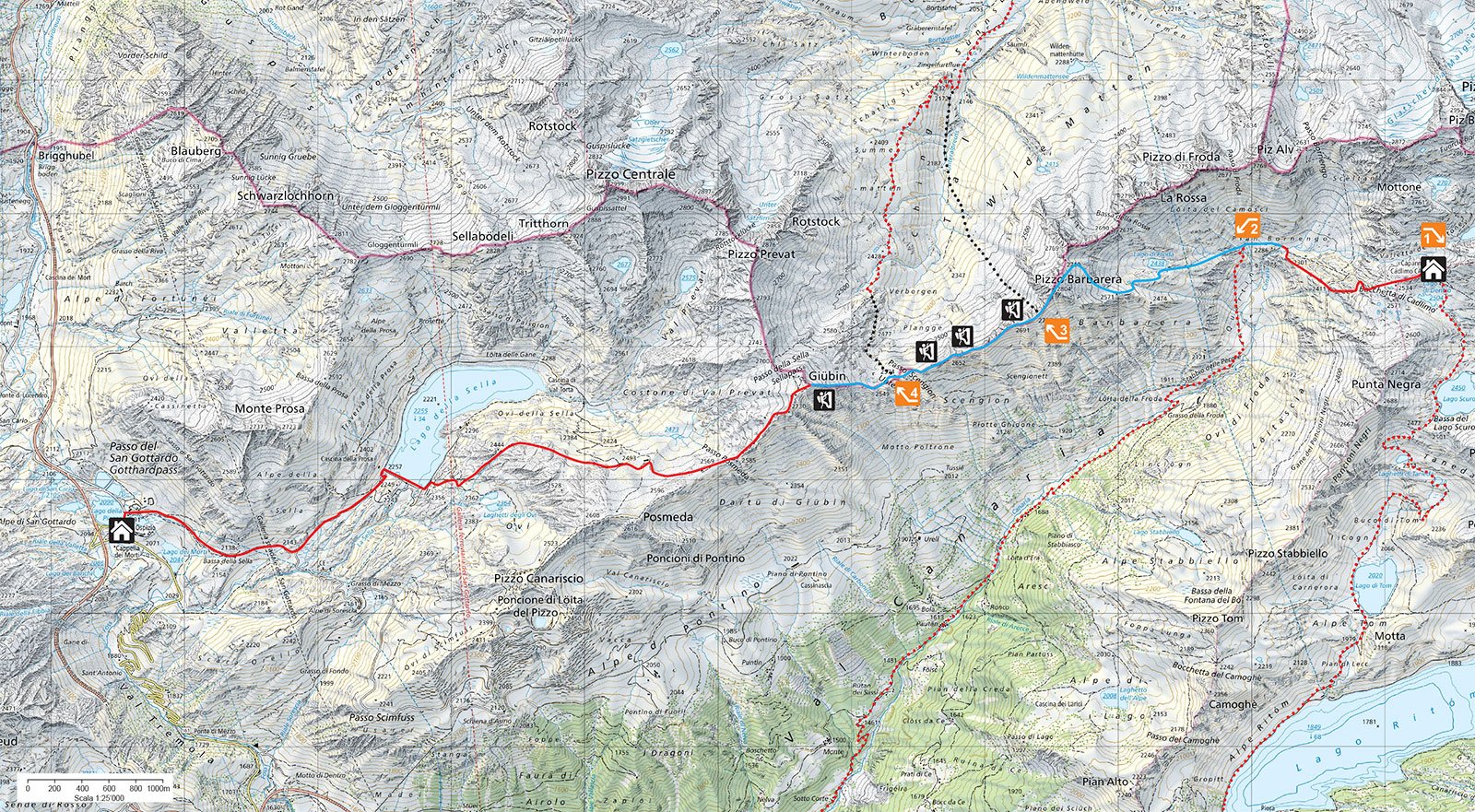 Mappa topografica di un'area montuosa con percorsi di trekking, punti di interesse e rifugi, evidenziando le tracce e le altitudini di varie località alpine.