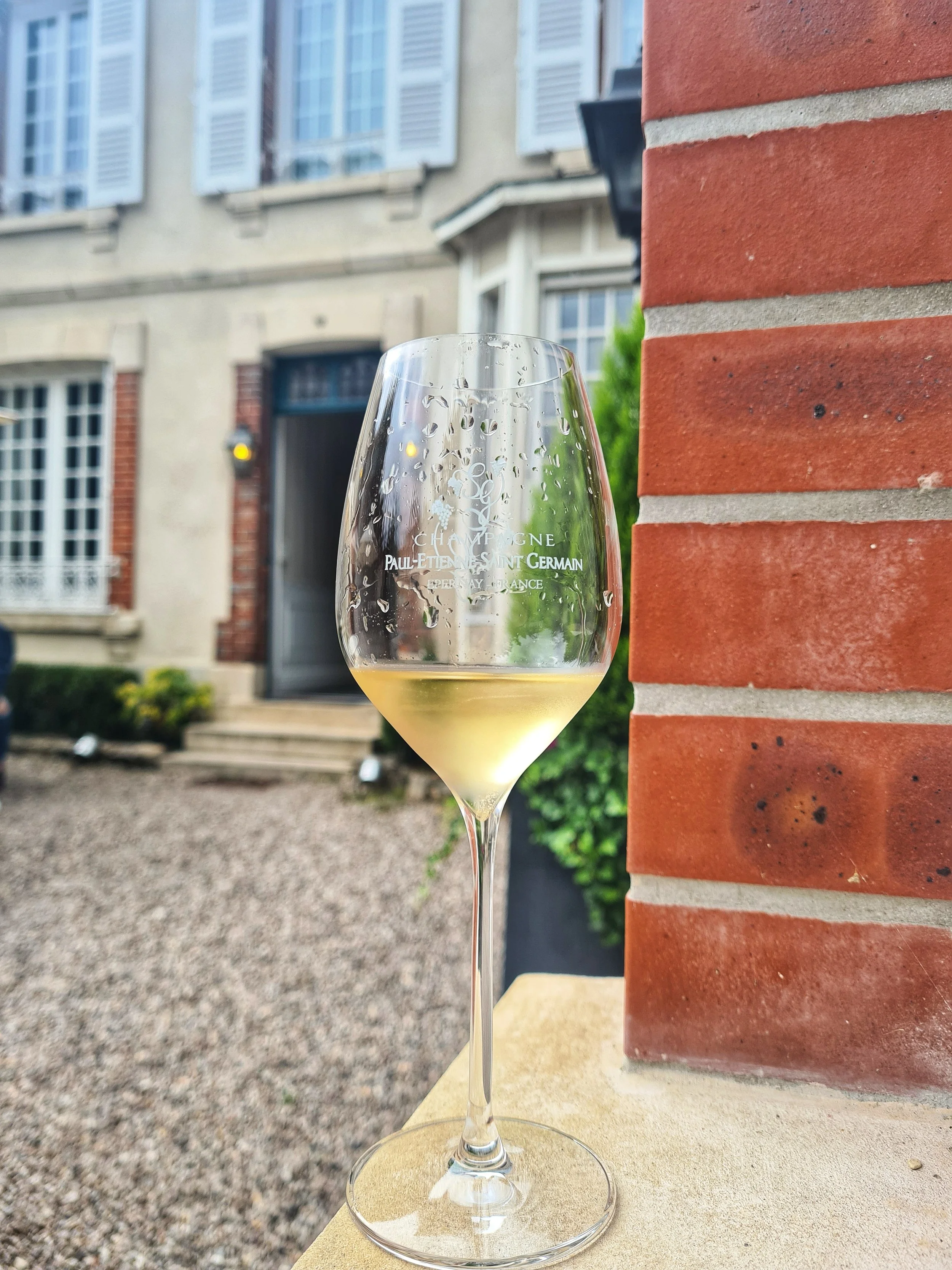 A glass of white wine with condensation on the outside, placed on a ledge next to a brick wall, with a house in the background.