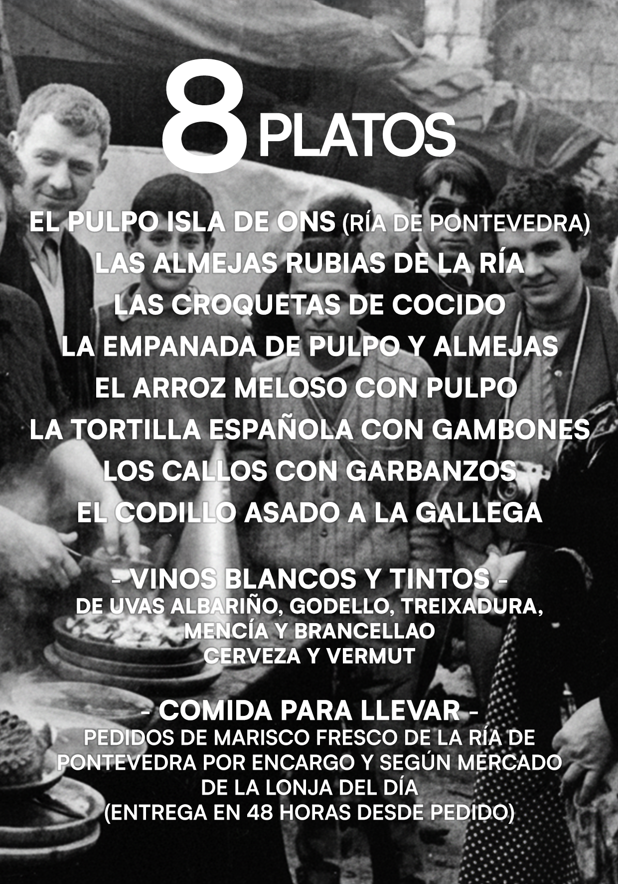 Lista de 8 platillos tradicionales del pulpo en la Ría de Pontevedra, incluyendo pulpo a la gallega, almejas rubias, croquetas de cocido, empanada de pulpo y almejas, arroz meloso con pulpo, tortilla española con gambones, callos con garbanzos, y codillo asado, además de vinos blancos y tintos, y comida para llevar de marisco fresco.