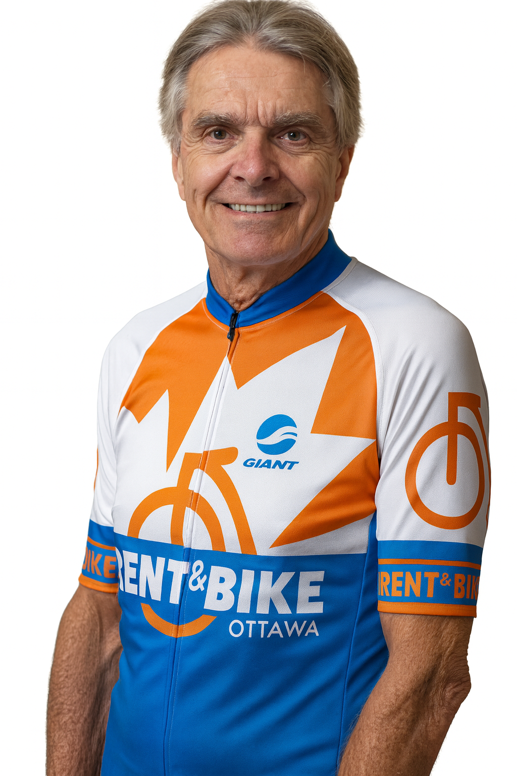 An older man smiling while wearing a white, orange, and blue cycling jersey with text and logos for Rent & Bike Ottawa, Giant, and other sponsors.