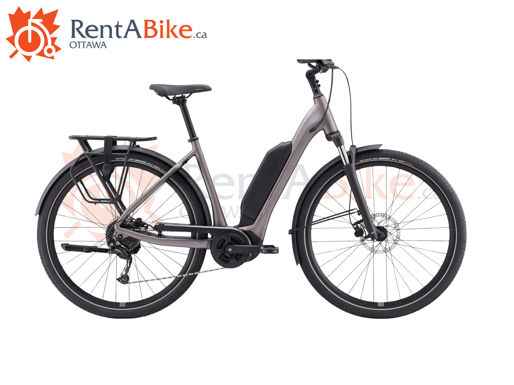 An electric bicycle with a gray frame, black seat, and black tires, positioned in front of a RentABike Ottawa logo.