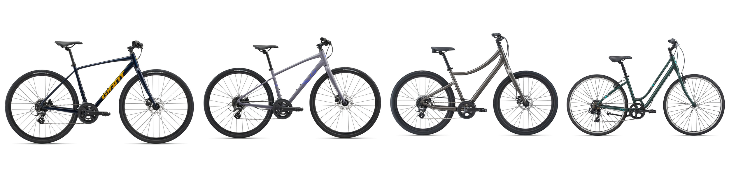 A lineup of five different bicycles in a row, each with distinct frame styles and colors.