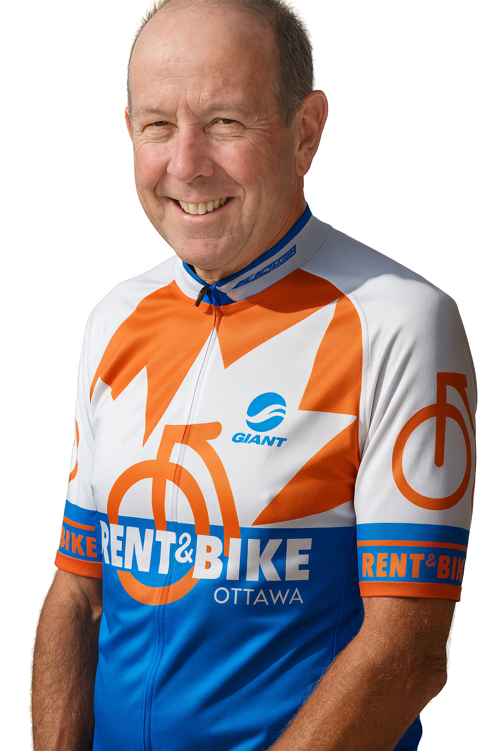 A smiling man in a bike jersey with orange, white, and blue colors, featuring logos and the text 'Rent & Bike Ottawa' and 'Giant.'