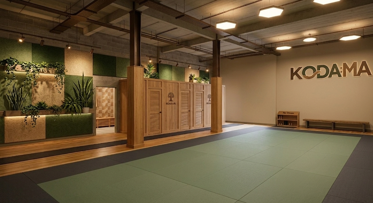 Interior of a martial arts studio with green mats, wooden wall accents, potted plants, and the word 'KODAMA' on the wall.